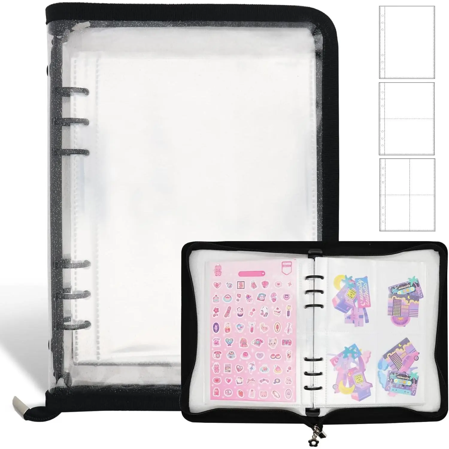 Sticker Storage Organizer Binder A5 Sticker Book Collecting Album Reusable Sticker Collection Book with Pocket Zipper Sticker Holder Keeper Book for Adult Collecting Sticker (black)