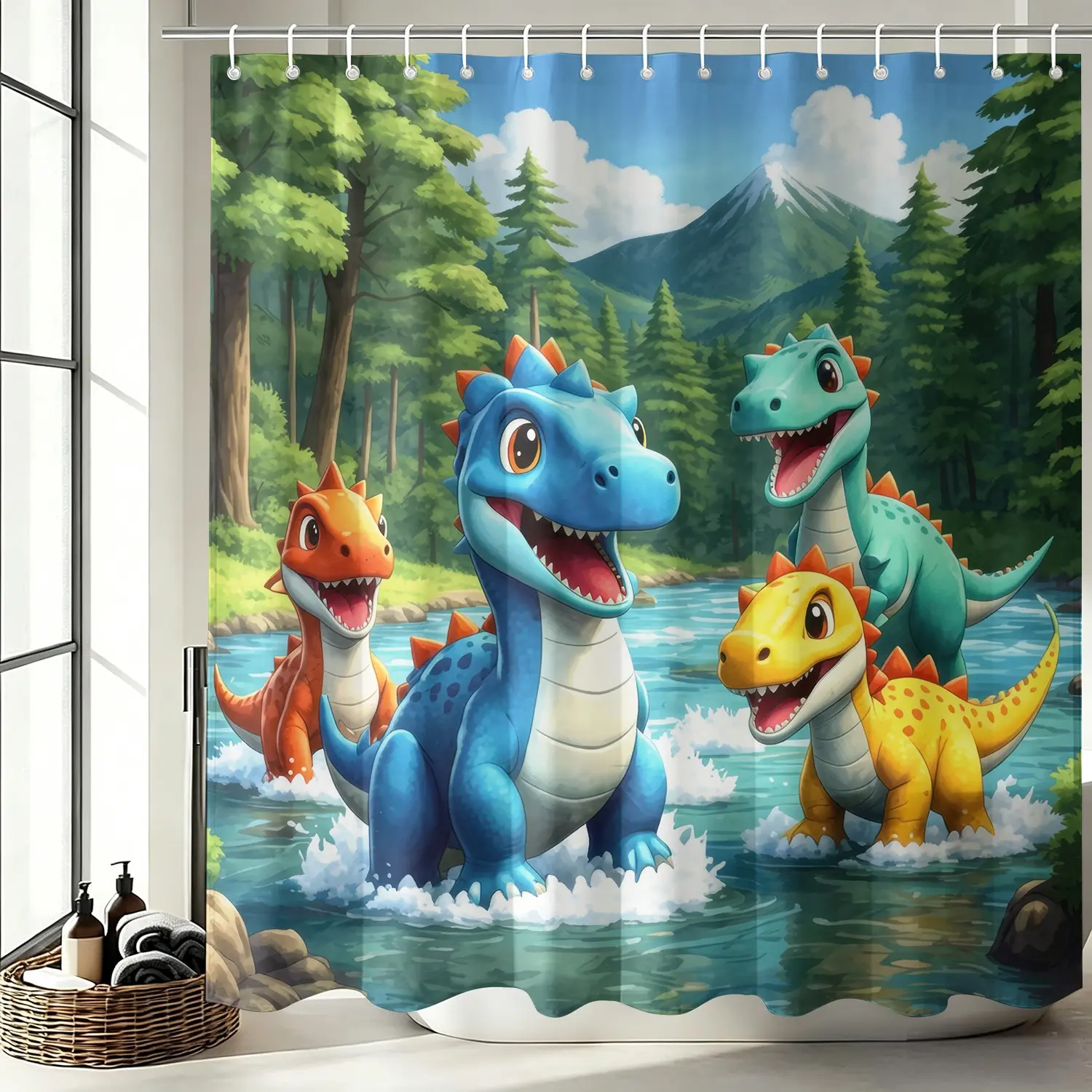 Cute Cartoon Dinosaur Jungle River Pattern Printed Shower Curtain, 1 Count Waterproof Bathroom Decorative Curtain with 12pcs Hooks, Bathroom Decor Supplies for Home Hotel Salon, Kids Dinosaur Themed Bathroom Decoration Accessories
