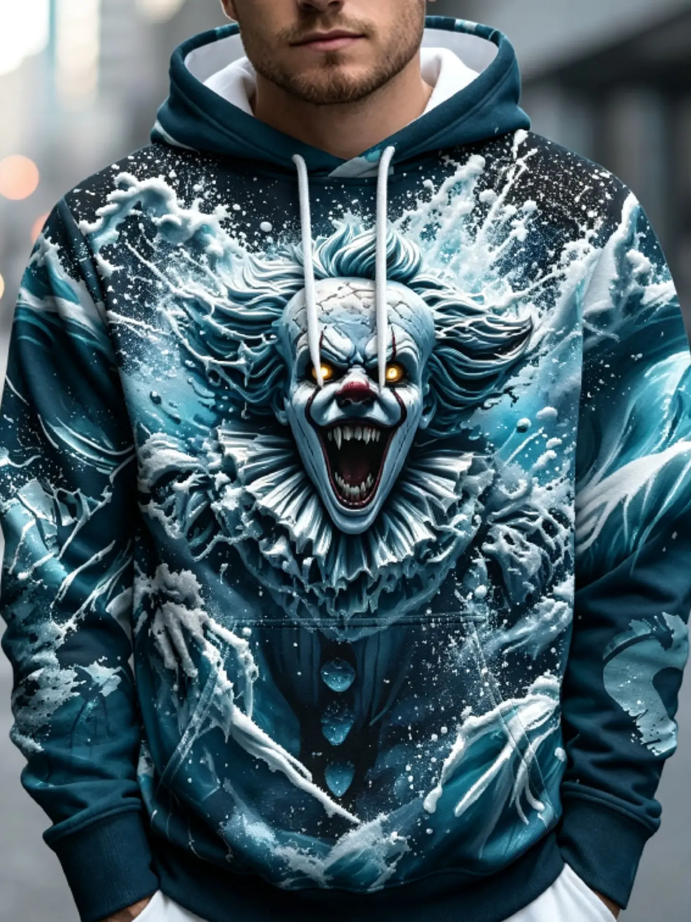 Men's Drawstring Pullover Hoodie Sublimation Fabric 3D Ice Wave Horror Clown Glowing Eyes Full Print Graphic Sweatshirt Loose Fit Dark Streetwear Halloween Party Cosplay Daily Casual Top