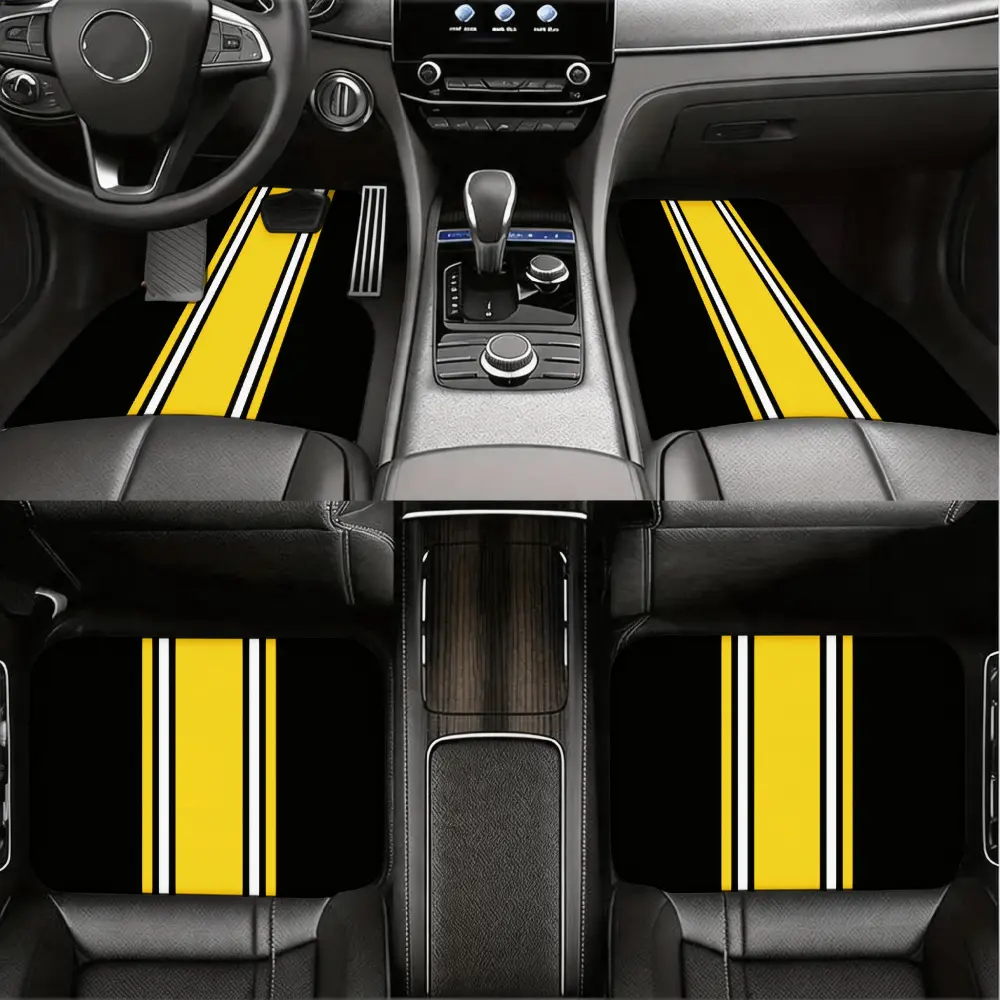 Sporty Racing Style, Car Floor Mats, Yellow And White Striped Pattern, Non-Slip Rubber Backing With Durable Carpet Surface, Universal Fit For Sedan And Suv Drivers And Passengers, 4-Piece Set Including Front And Rear Mats