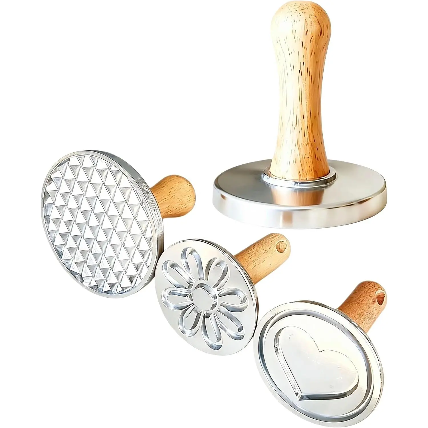 3-Piece Round Metal Cookie Press with Wooden Handle - Hand-Press Biscuit Stamper for Baking, DIY Baking Tool with Flower & Heart DIY Patterns, 2 Sizes, Hand Wash Compatible
