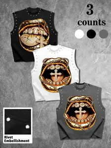 Men's Casual 3-Piece Tank Top Set, Embossed Rhinestone Gold Lip Cross Design, Slim Fit, American Vintage Hip Hop Style