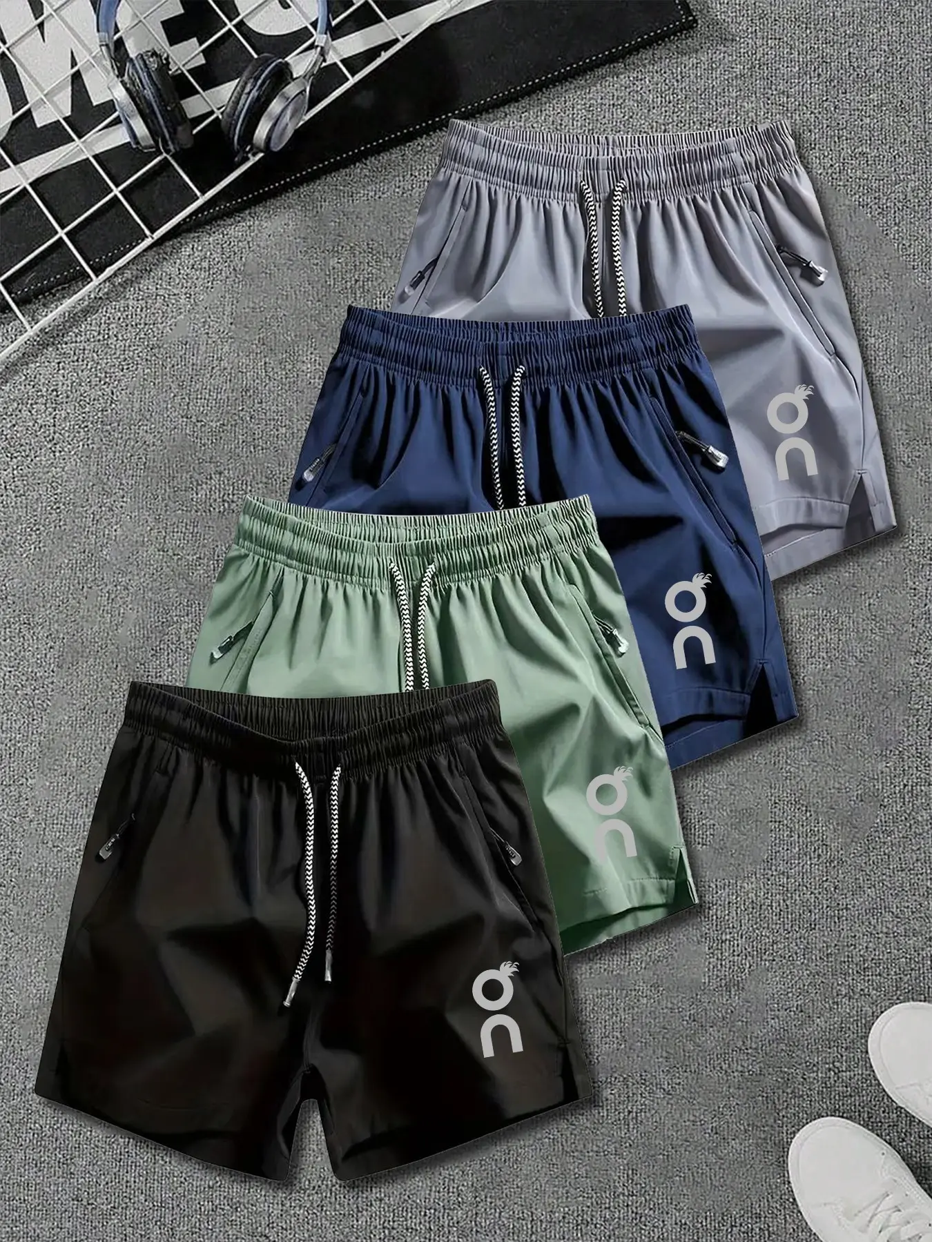 Unisex Sporty Shorts Set, 4-Piece Pack in, Blue, Elastic Waist with Drawstring, Logo Print, Summer Essentials