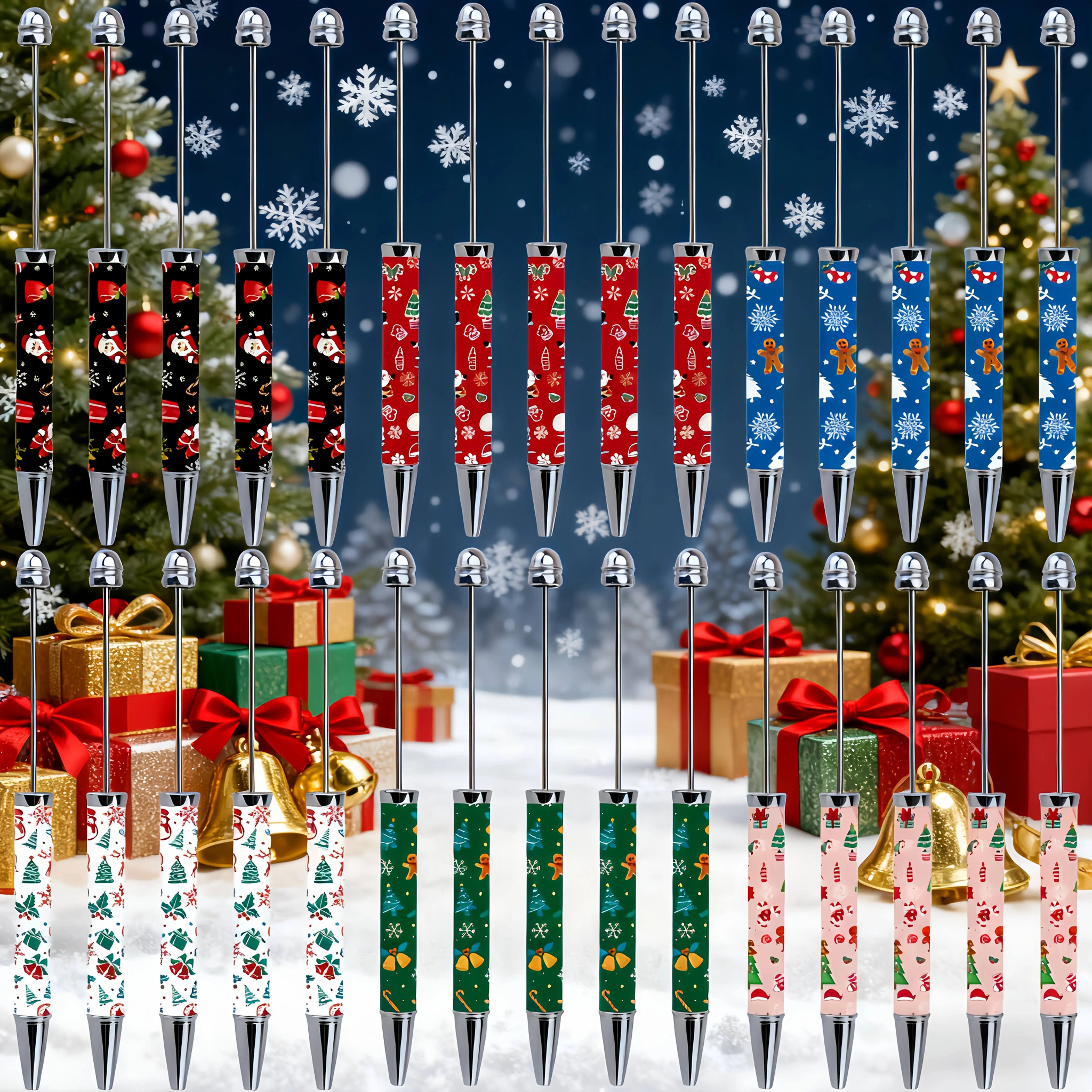30pcs Christmas Series Beaded Ballpoint Pens - Ergonomic, Retractable, Refillable Twist-Closure Pens with Extra Fine Point, Festive Holiday Designs (Snowflakes, Christmas Trees, Reindeer) for DIY Beading & Jewelry Making