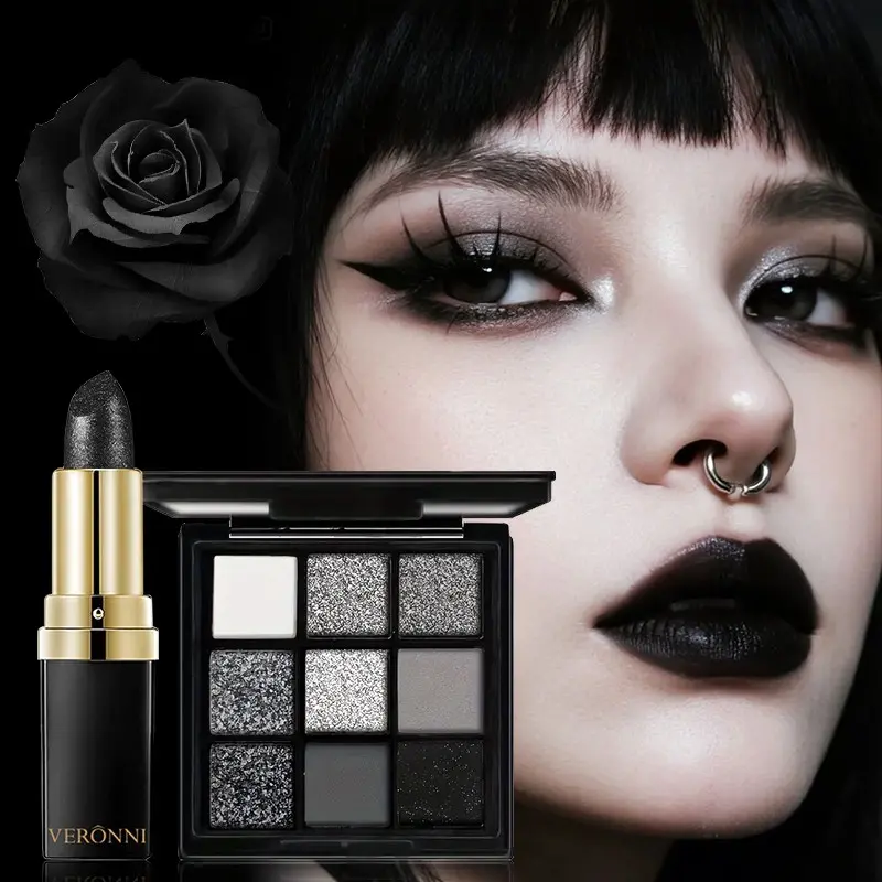 2-Piece Swan Smoky Eye Makeup Set, Beauty Sets, 9-Color Shimmer Glitter Eyeshadow Palette + Diamond Lipstick, Gothic Dark Queen Look, Perfect for Parties and Events