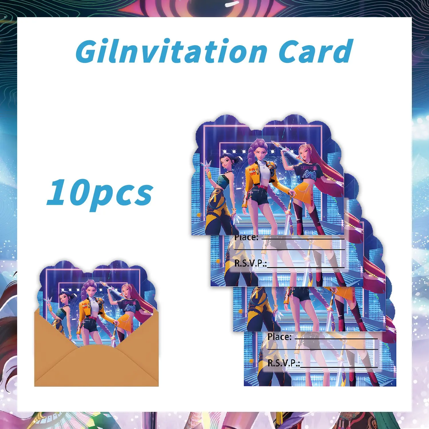 10 Blue Korean Cartoon Girl Group Design Party Invitation Cards, Perfect for Birthday Parties and Gatherings, Adds Ceremony to Your Event