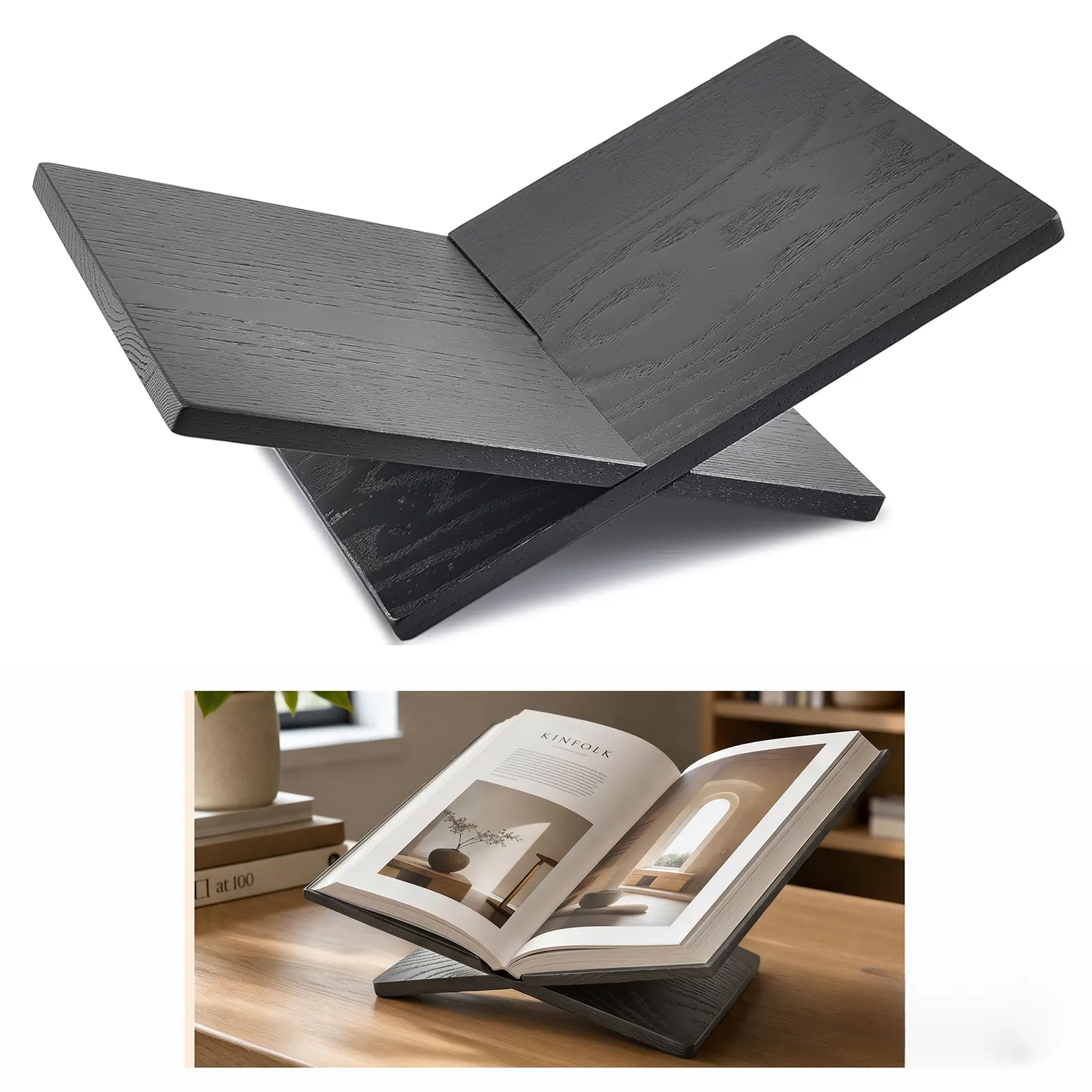 Minimalist Collapsible Wood Book Stand - Matte Black Adjustable Triangle Holder, Ergonomic Hands-Free Desktop Rest, Desk Accessories, Office Accessories for Office & School Use