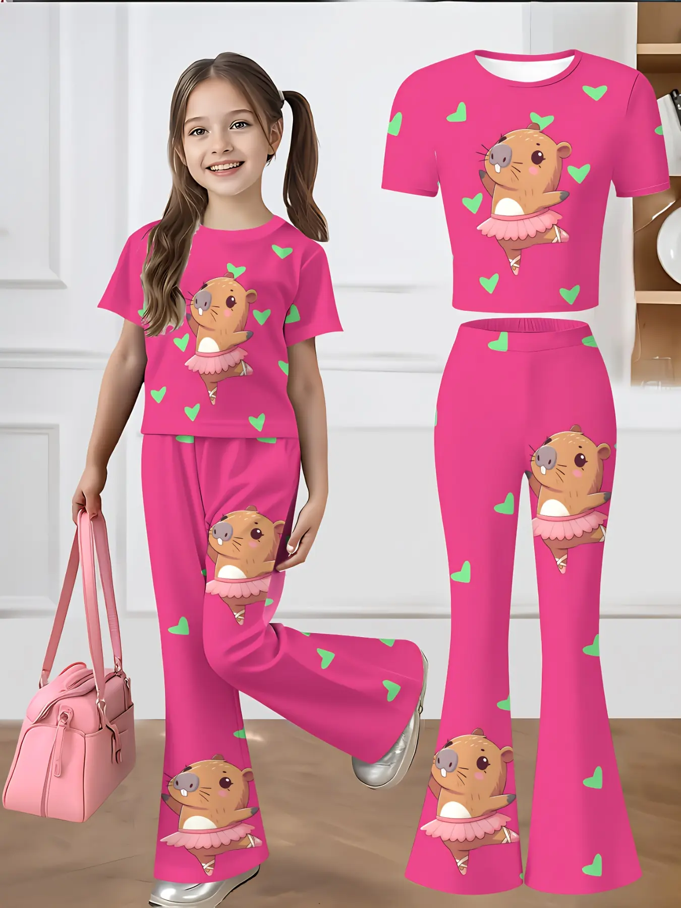 Kawaii Ballet Capybara Green Heart All Over Print 2 Piece Set Soft Stretchy Hot Pink Crop Tee Flare Bell Pants Casual Birthday Party Viral Kidcore Summer Outfit