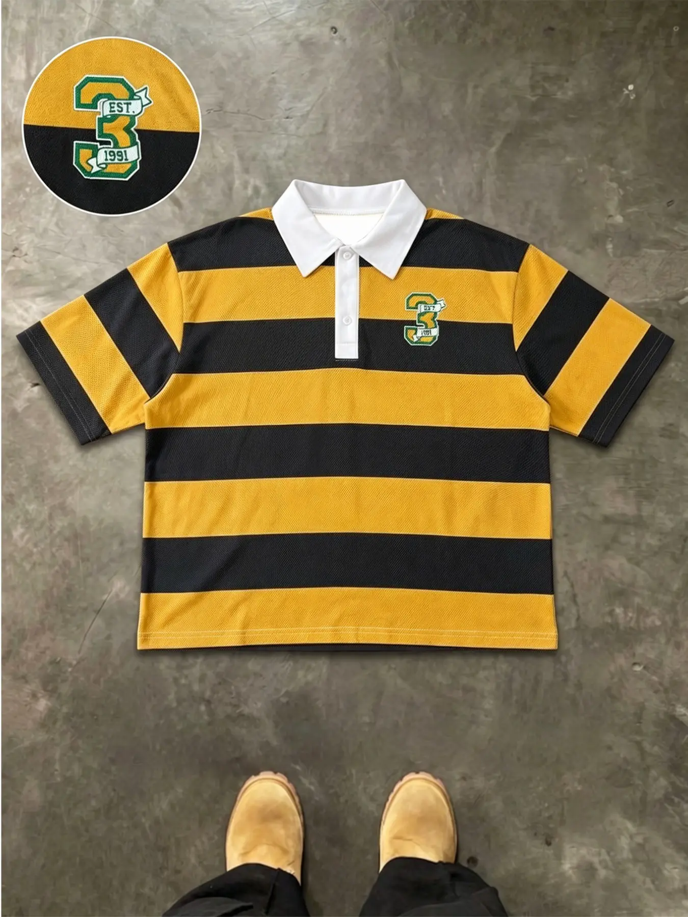 Men's Streetwear Striped Retro Digital Polo Shirt, Fashion Trendy Casual Collared Blouse, Perfect for Street Style