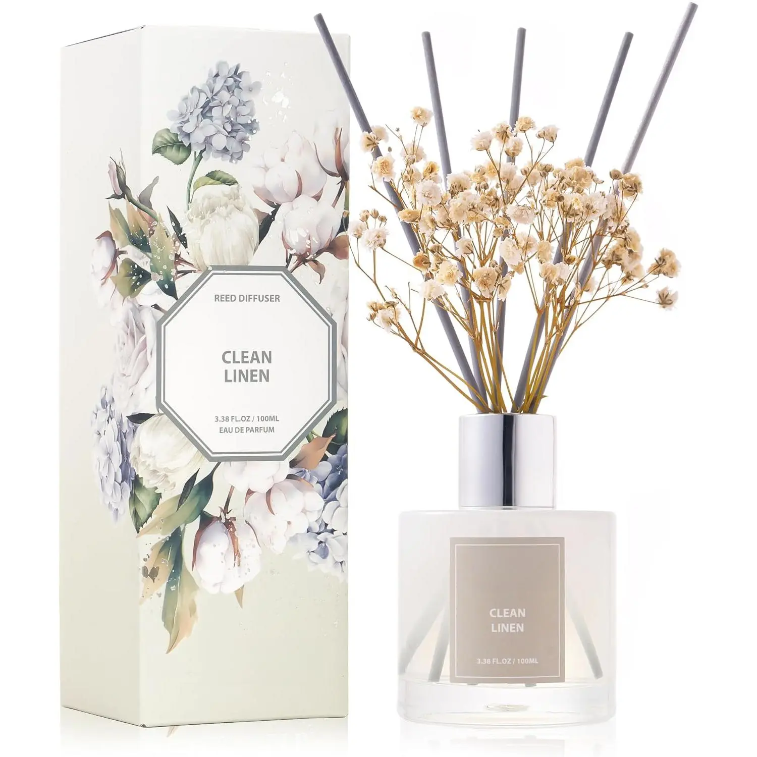 Reed Diffuser Set,3.38 fl oz (100 ml) - Clean Linen Oil Diffusers with 8 Reed Sticks,Home Fragrance Reed Diffuser for Bathroom Shelf Decor