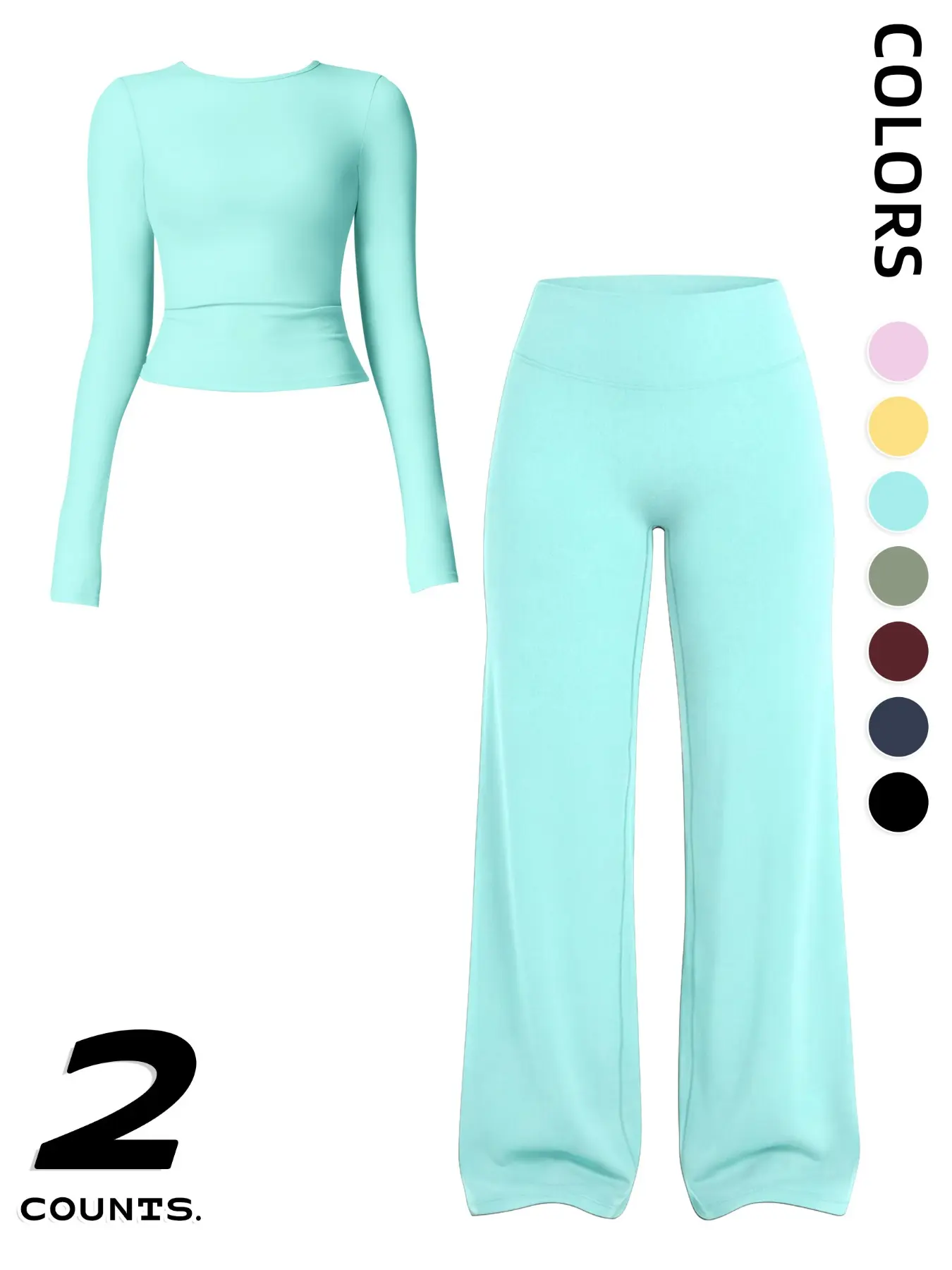 Women's Sportswear Set, Long Sleeve Round Neck Top & Wide Leg Yoga Pants, Plain Yoga Pants, Comfortable Fashion Workout Outfit, Athletic Clothing Set