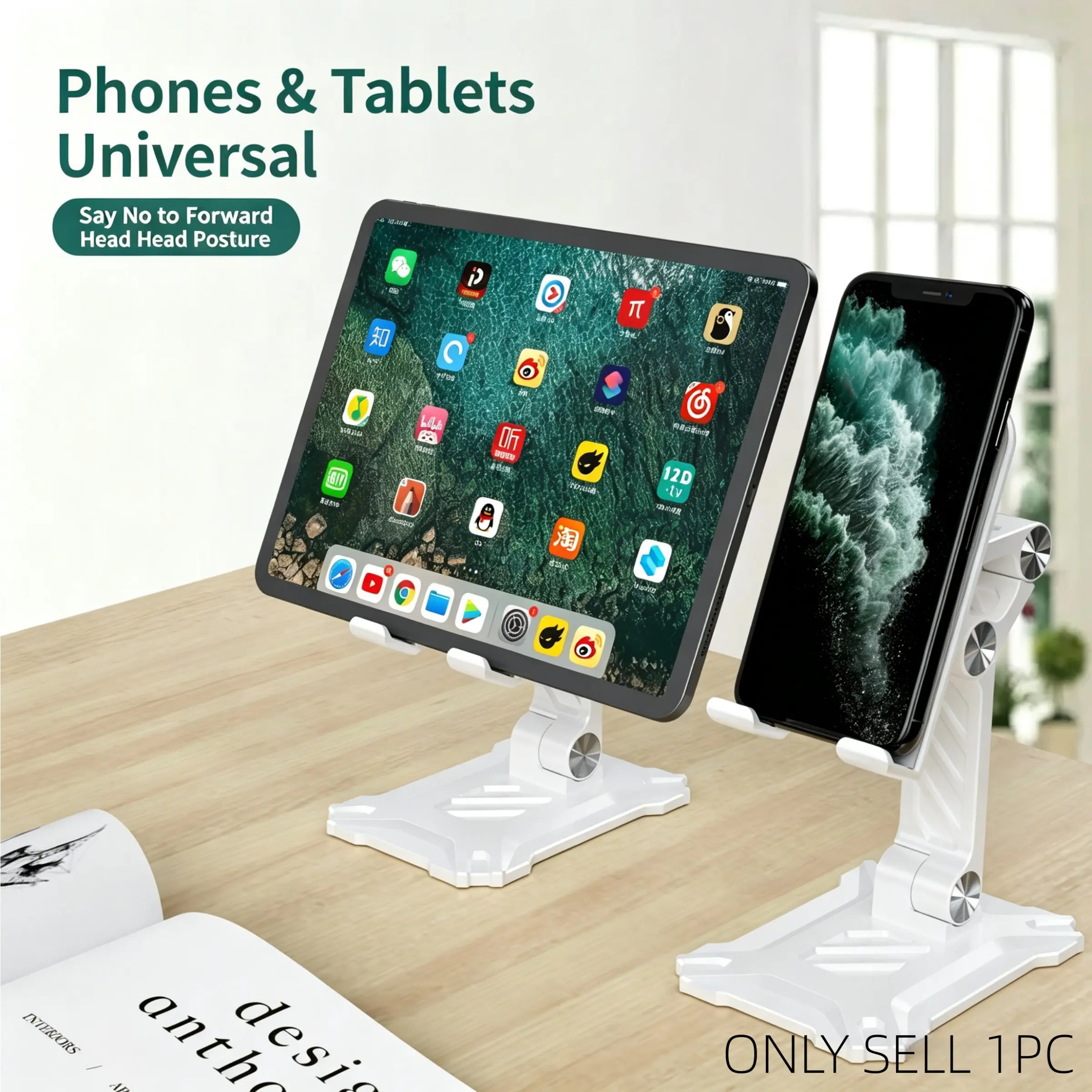 Adjustable 4-Axis Phone Stand, Thickened Support Arm, Wide Base for Stability, Foldable Design, Compatible with Smartphones and iPad