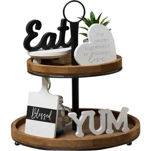 Farmhouse Kitchen Tiered Tray Decor Mini Set Rustic Black and White Kitchen Counter Decor Two Tiered Tray Set for Home Kitchen Dining Room Table Decoration