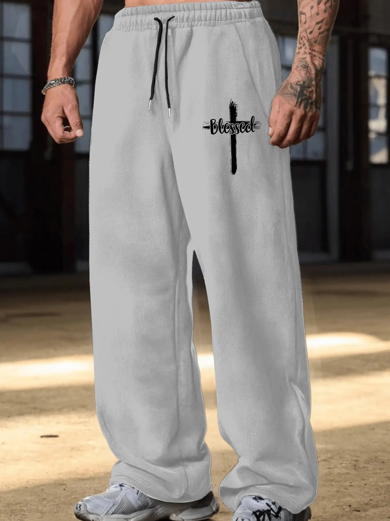 Minimalist Cross Stitch 'blessed' Religious Print High-Waisted Drawstring Wide-Leg Knit Pants, Casual Loose-Fit Fall&winter Wear