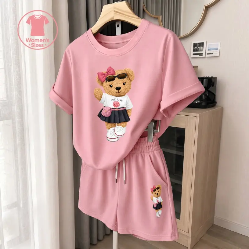 Women's Cute Cartoon Graphic Short Sleeve T-Shirt And Shorts Set, Casual Summer Two-Piece Outfit With Crew Neck Top And Drawstring Waist Shorts For Daily Wear
