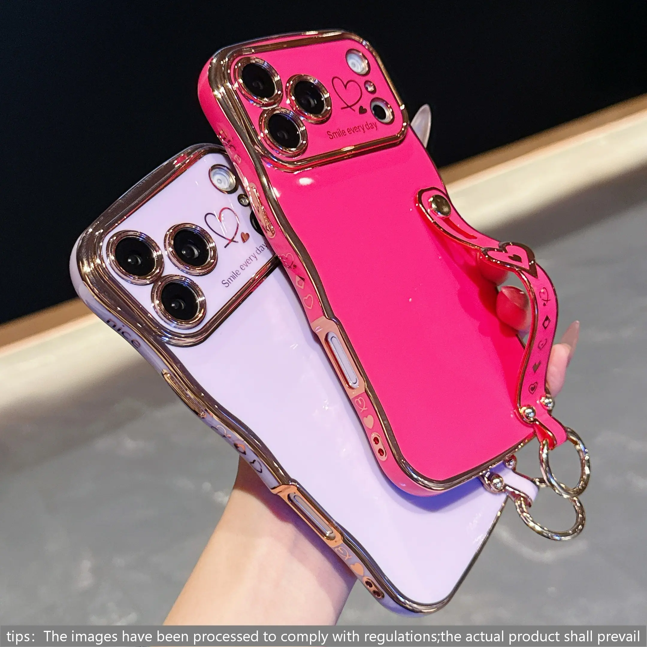 Electroplated Wave Pattern Dual Heart Large Window Phone Case with Heart Strap, Full Protection Anti-Scratch Anti-Drop for iPhone 17pro Max 16pro 15 14 13 12