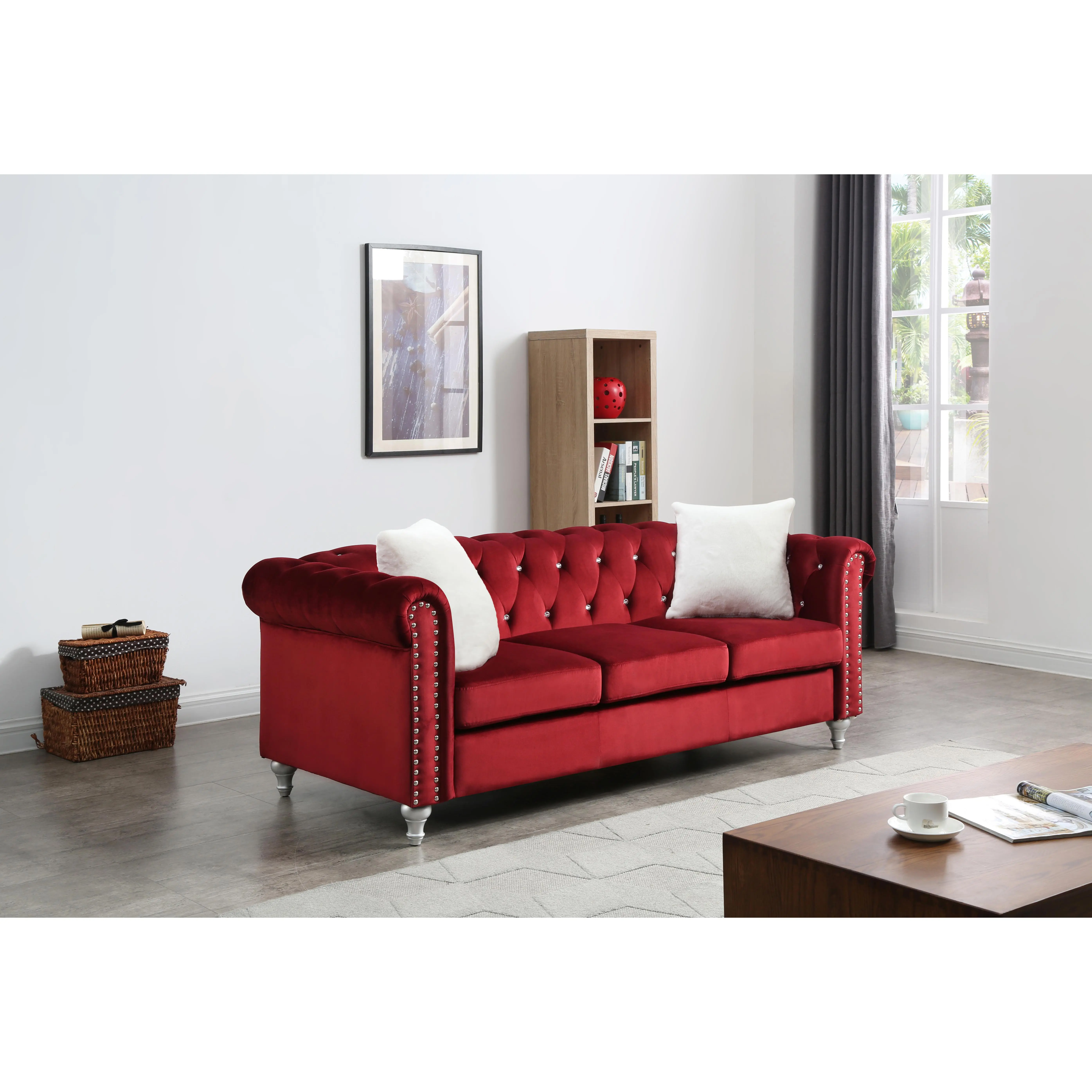 Nokaa Raisa Burgundy Velvet 3-Seat Sofa for Living Room, Modern Upholstered Couch with Tufted Design, Nailhead Trim, and Throw Pillows