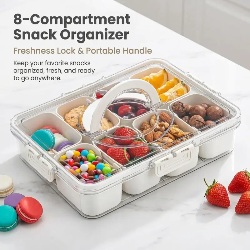8 Compartment Divided Snack Food Container with Portable Handle & Airtight Lid, Leakproof Fruit Storage Nut Serving Tray for Road Trip, Picnic & Party