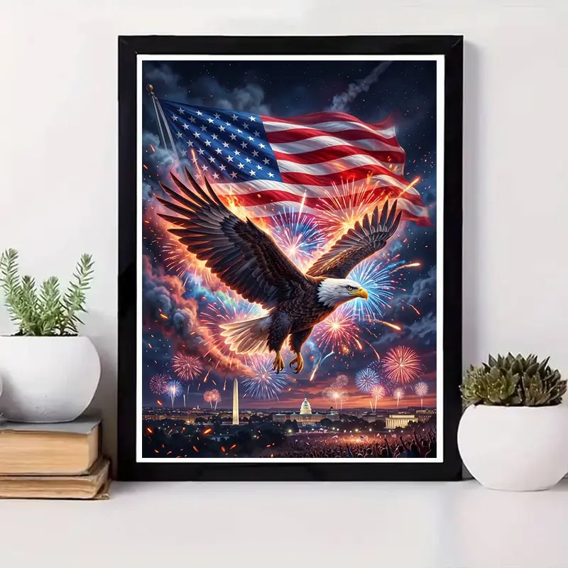A 2D Flat Unframed Handmade DIY Diamond Painting Kit - American Flag Bald Eagle Fireworks Theme, Gorgeous Holiday Night View, High-Definition Pattern, Shiny Diamonds, Suitable for Home Decoration, Holiday Gifts, Patriotic Scene Arrangement