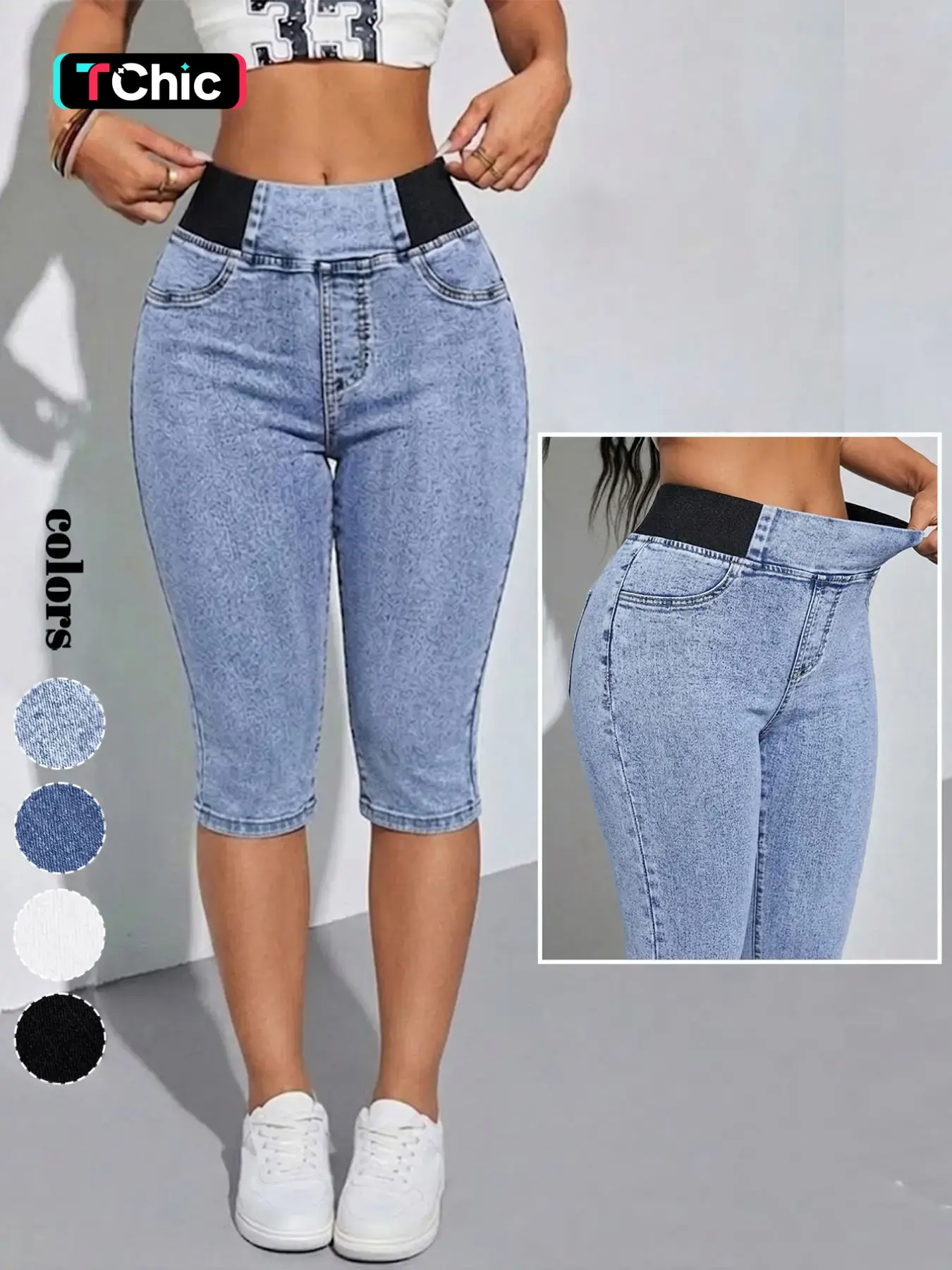 GILIPUR Women's Solid Color Mid-Rise Stretch Light Wash Denim Capri Pants, Elastic Waistband Slim Fit Skinny Capris Jeans, Casual Comfortable Pull On Jean Trousers for Summer, Daily & Outdoor TChic