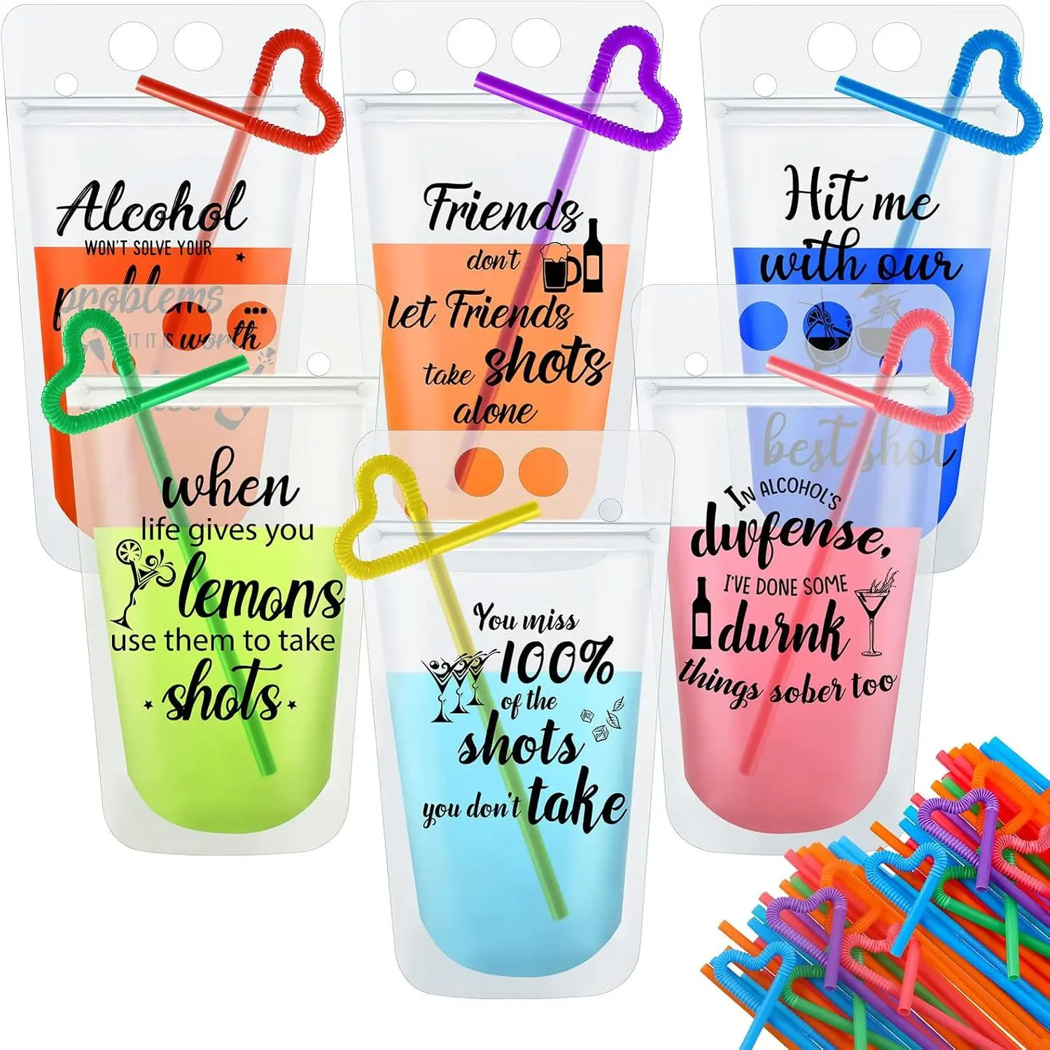 24 Sets  Drink Pouches with Straws,Adult  Party | 16oz, Adults Juice  Bags, Portable, Cute Sayings, Durable, Easy Use, Stand up, Friendship Summer Holidays Parties