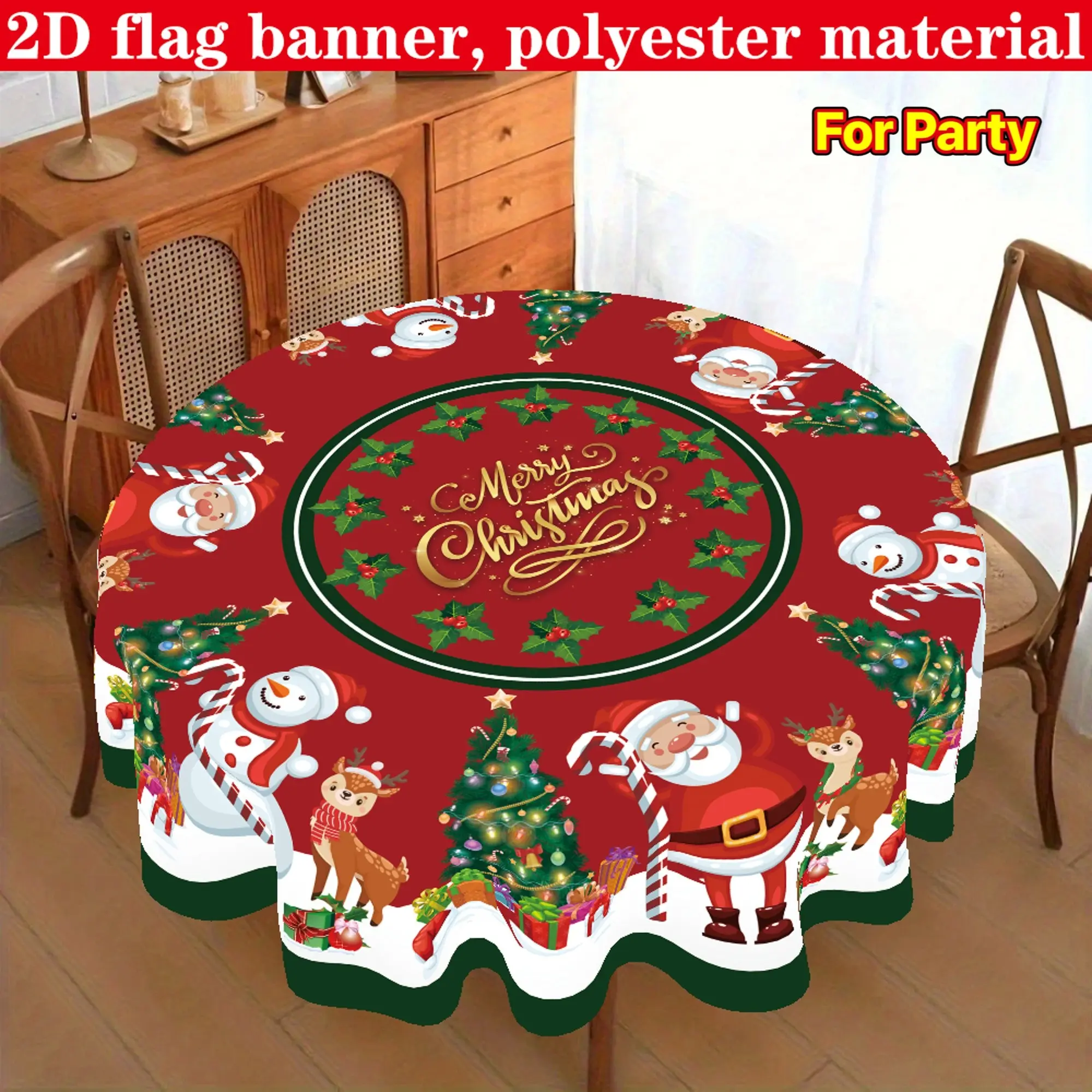 Christmas Decorative Round Tablecloth, 150cm X 150cm, Santa Claus, Reindeer, Snowman Patterns, Holiday Dining Table Decoration, Home Kitchen Decor