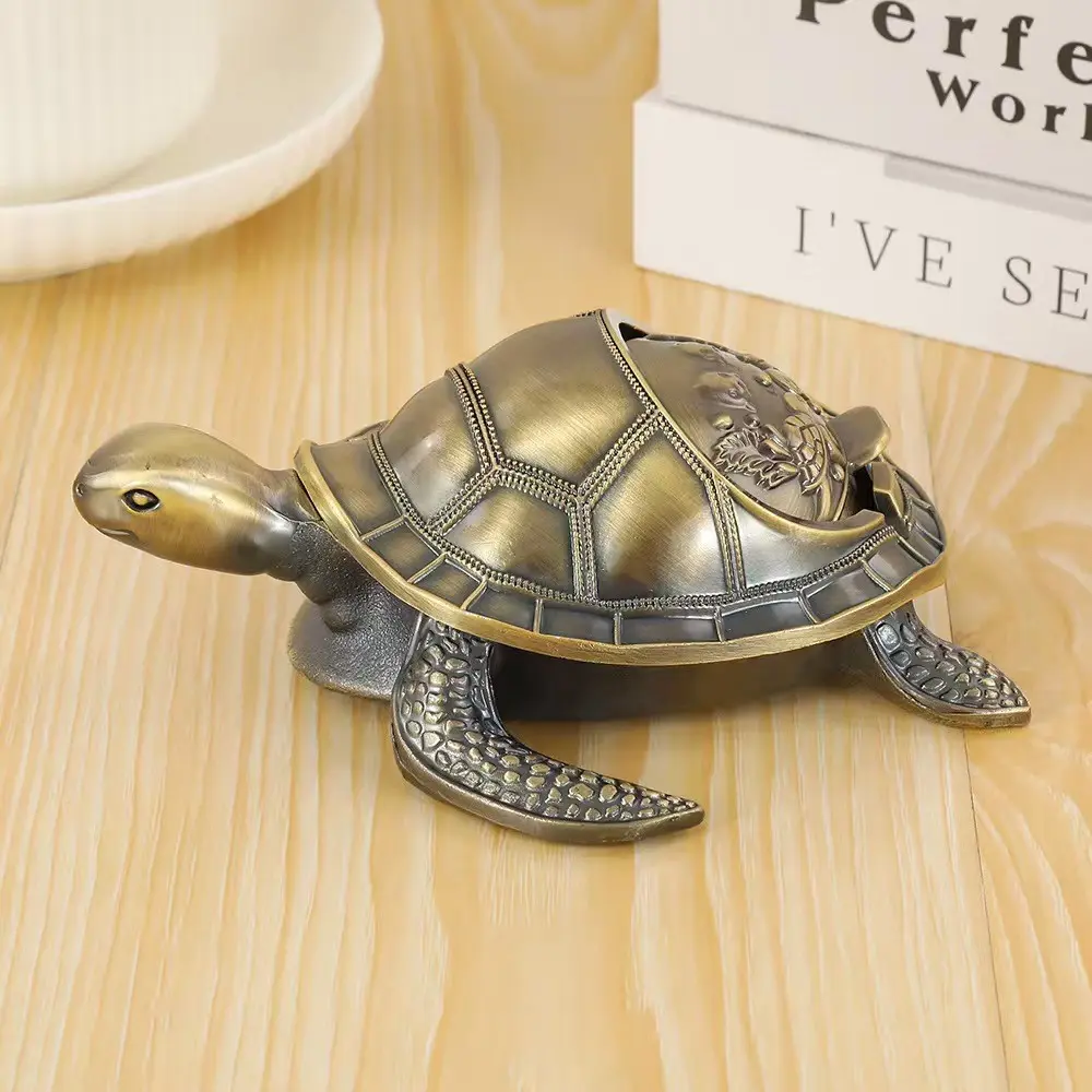 Vintage Turtle Ashtray with Lid, Portable Odor-Resistant Aluminum, Art Deco Style, Irregular Shape Decorative Piece for Home Office Decor