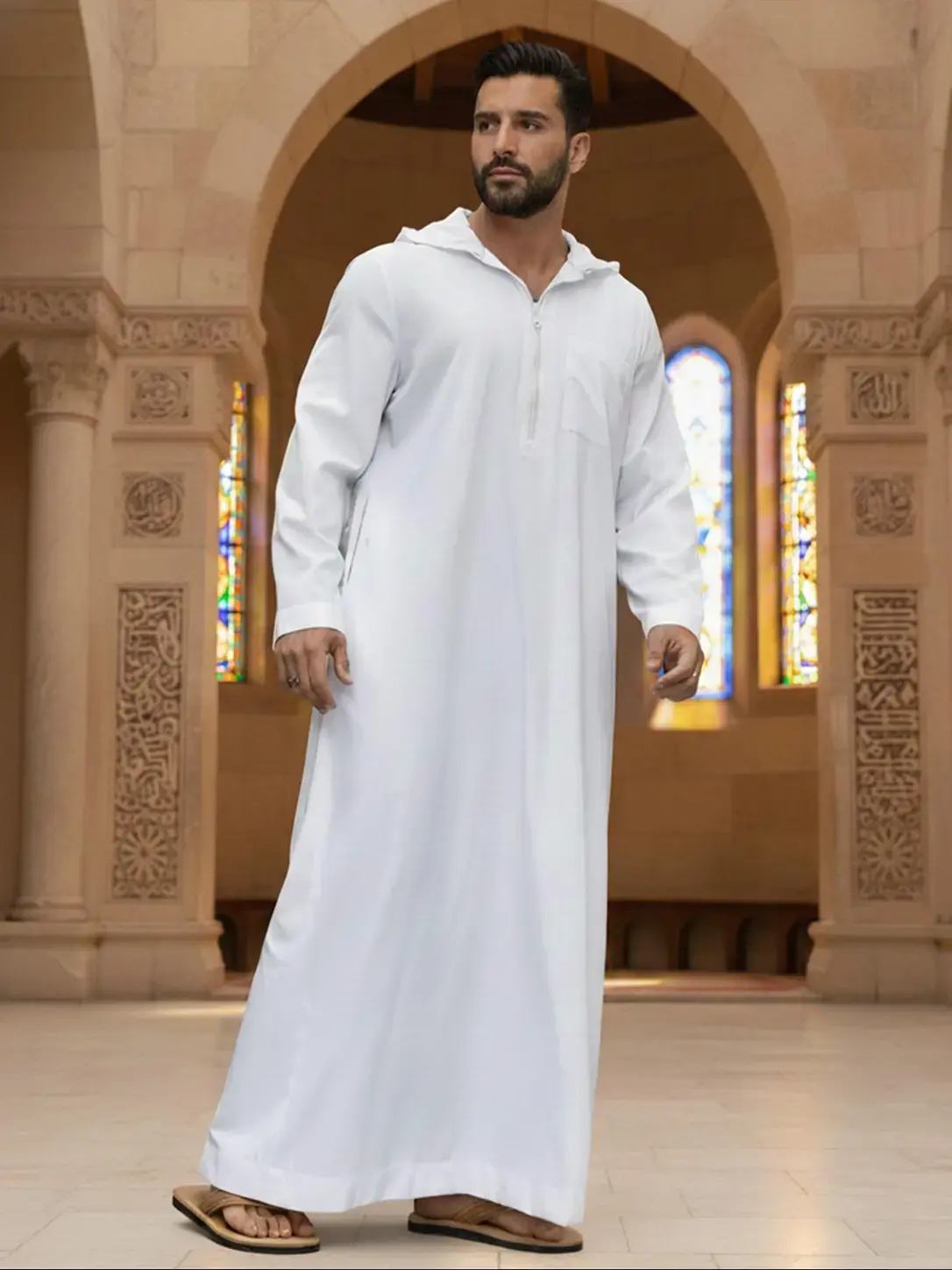Men's Middle Eastern Traditional Clothing, Islamic Muslim Arabic Style Robe with Zipper Hoodie, Eid Al Fitr Hajj Embroidered Robe, Modesty Thobe For Muslim