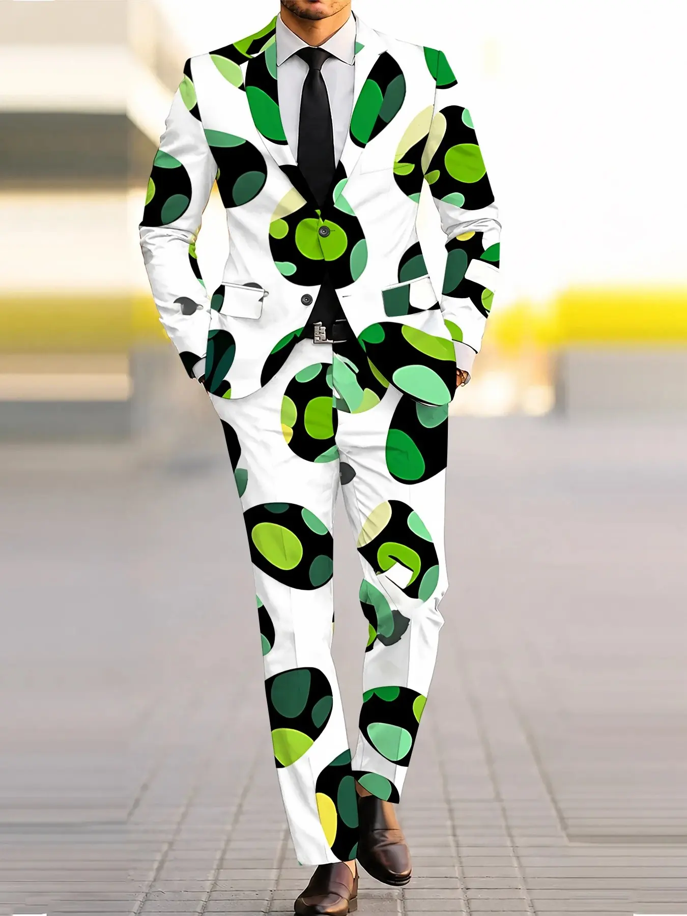 Men's Artistic Polka Dot Print Blazer Set, Two-Piece Suit with Matching Pants, 3D Digital Print, Slim-Fit, Evening Wear, Stage Performance