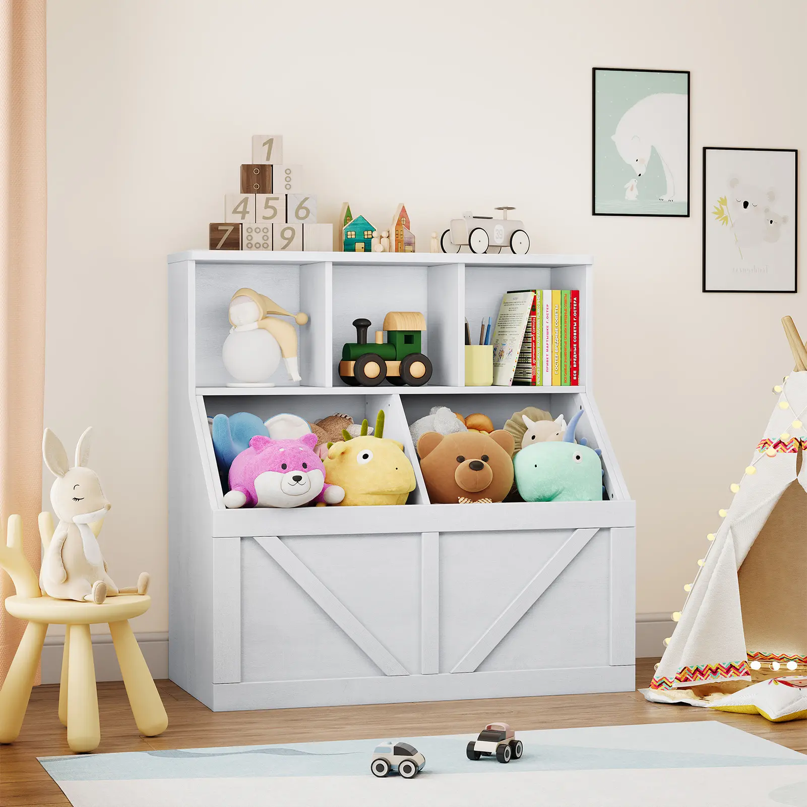 MDF Kids Toy and Book Storage Organizer Cabinet, Stable‑Safe Toddler Bookshelf With Tiered Step Shelves and Big Storage Bin, Simple‑Assembly Storage Furniture for Bedroom, Playroom, Nursery and Daycare