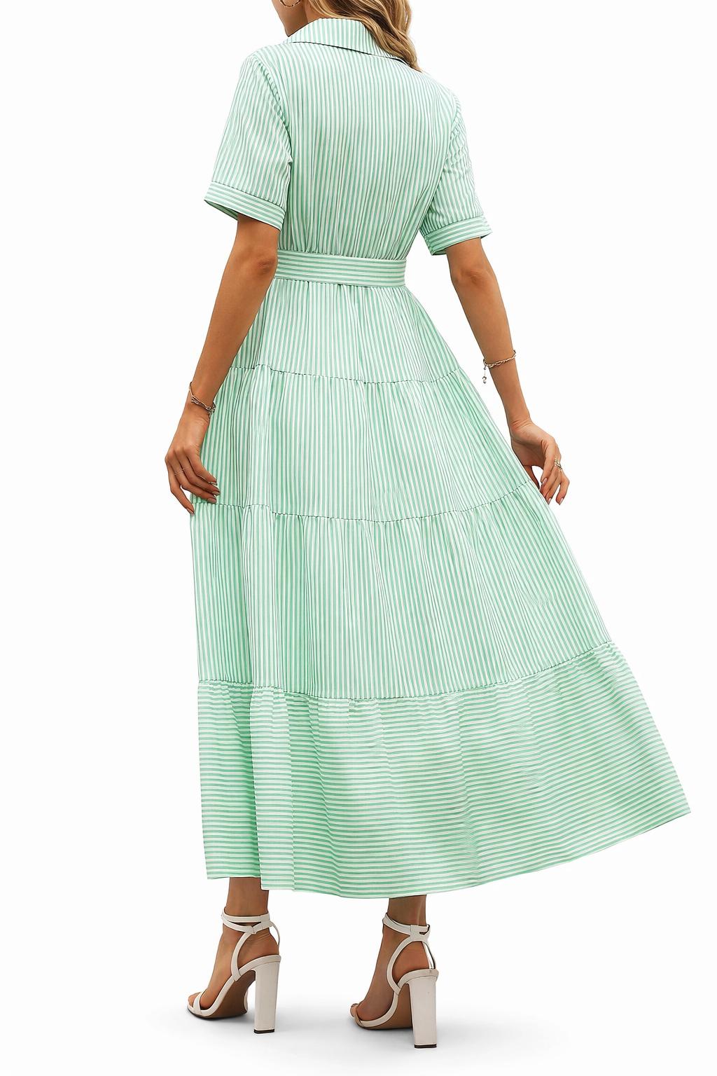 2026 Summer New French-style Dress Collar Striped Color Block Waist Tie Short Sleeve Long Dress Business Casual