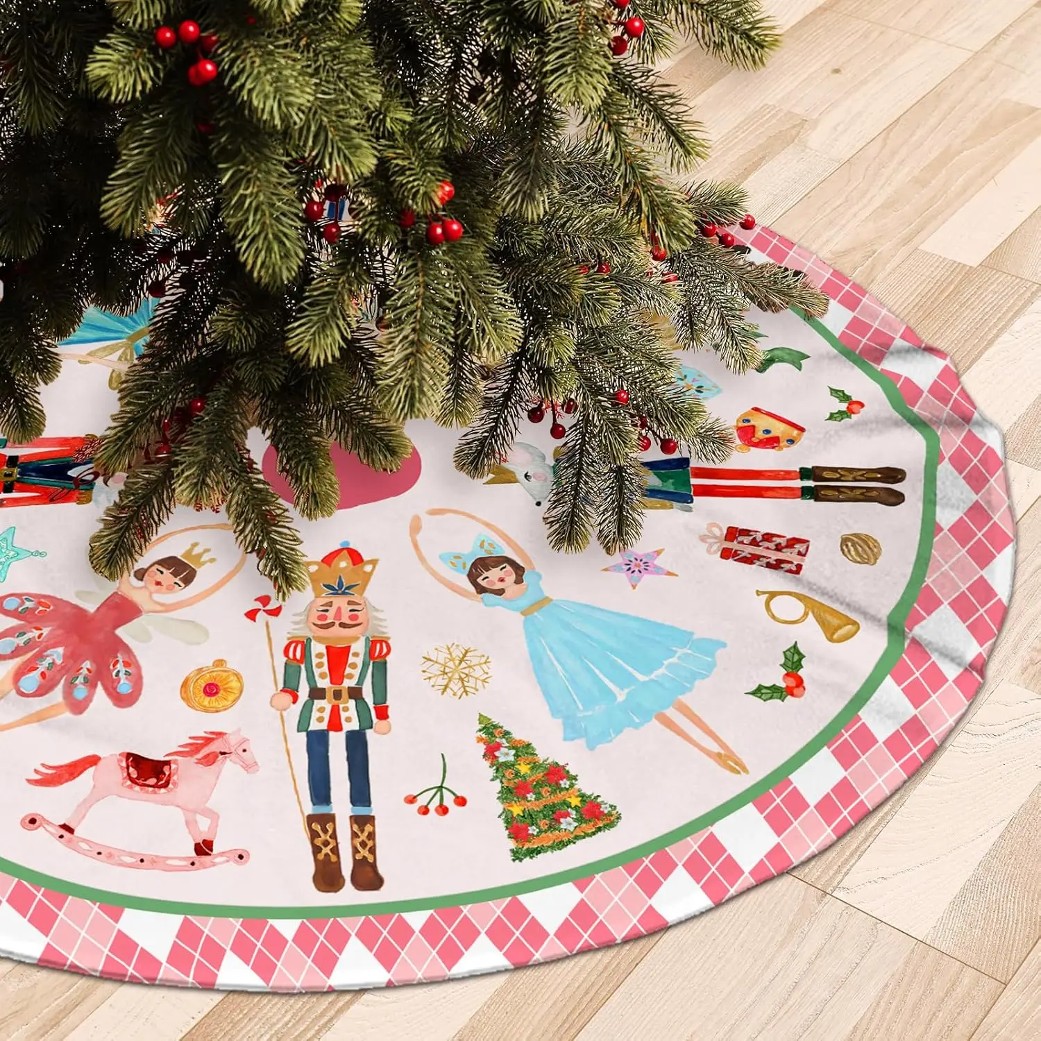 Nutcracker Tree Skirt 48 Inch Pink Nutcracker Christmas Decor Winter Holiday Tree Mat Decoration for Xmas Party Ornaments Holiday Decorative Accessory