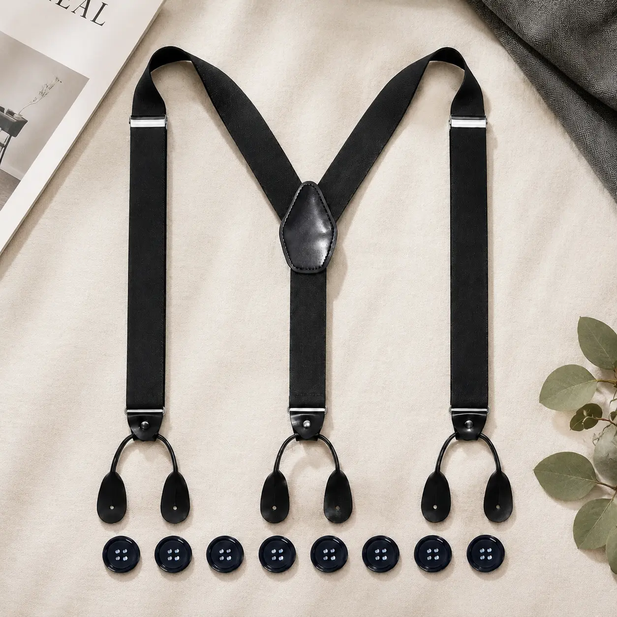 Button Attached Suspenders for Men Y Back Elastic Trouser Support Straps with Leather Fasteners for Suit and Casual Wear