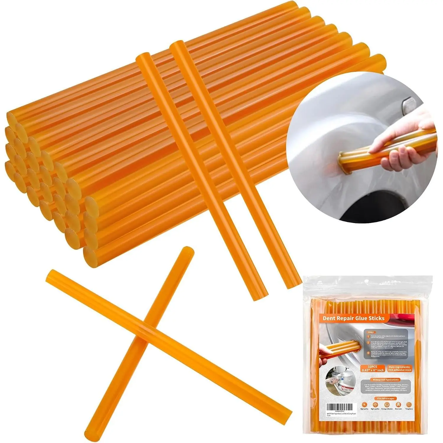 32 count Dent Repair Glue Sticks, 0.43” Dia x 8” Long Yellow Hot Glue Sticks, Paintless Dent Repair Tool Kit PDR Glue Sticks for Craft  and   Repair Dent Remover Tool