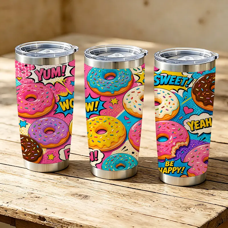 20oz Colorful Pop Art Donut Pattern Stainless Steel Tumbler - Double Wall Vacuum Insulated Portable Drinkware with Lid, Insulation for Coffee, Tea, Iced Tea, Ideal Birthday Holiday Gift