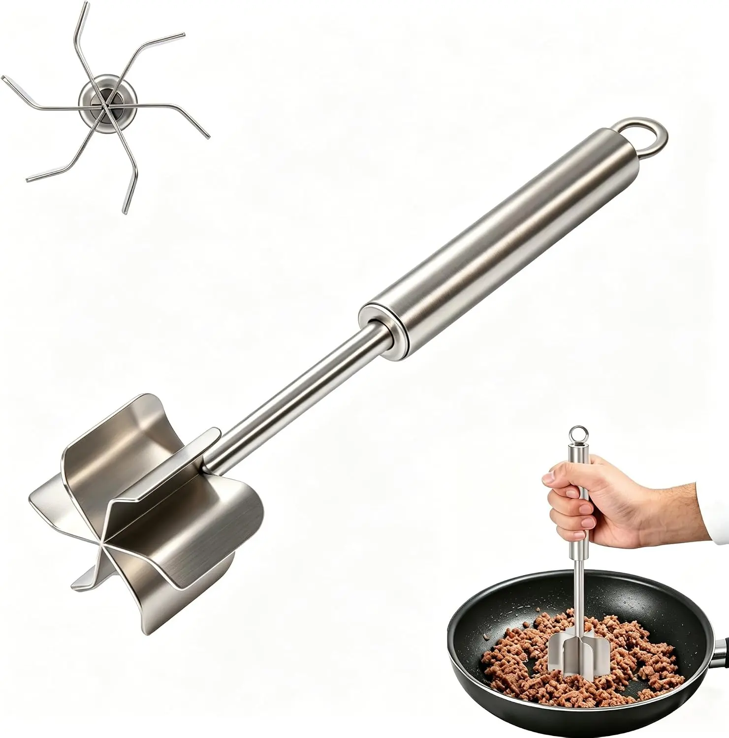 304 Stainless Steel Meat Chopper & Potato Masher | 6 Blade Ground Beef Smasher for Hamburger | Heavy Duty Kitchen Tool for Chicken, Vegetables Mixing and Mashing | Food Grade Utensil