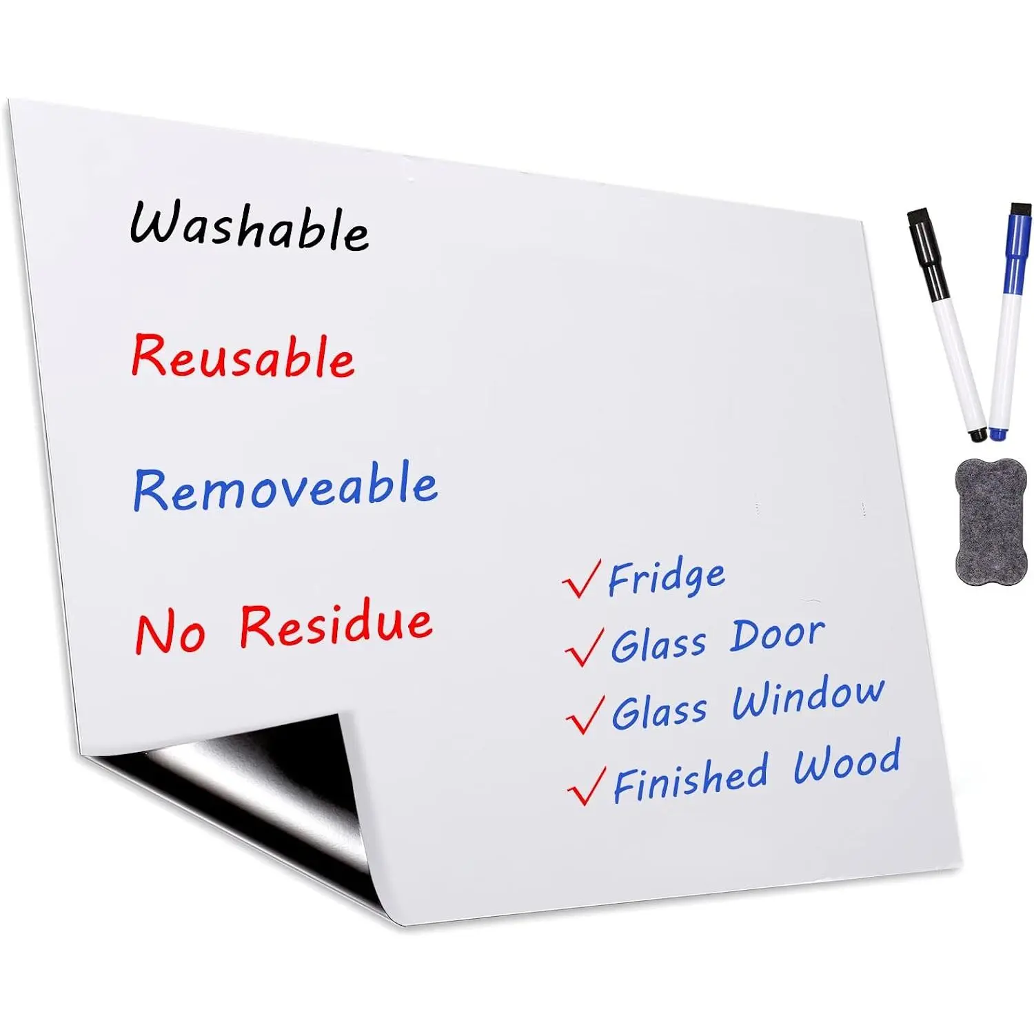 Dry Erase Whiteboard Sticker for Fridge, 16.5×11.7in Removable Whiteboard Sheet for Non- Stainless Steel Glass Door w/ 2 Markers & 1 Eraser, Washable Sticky Note, No , Any Shiny Surface