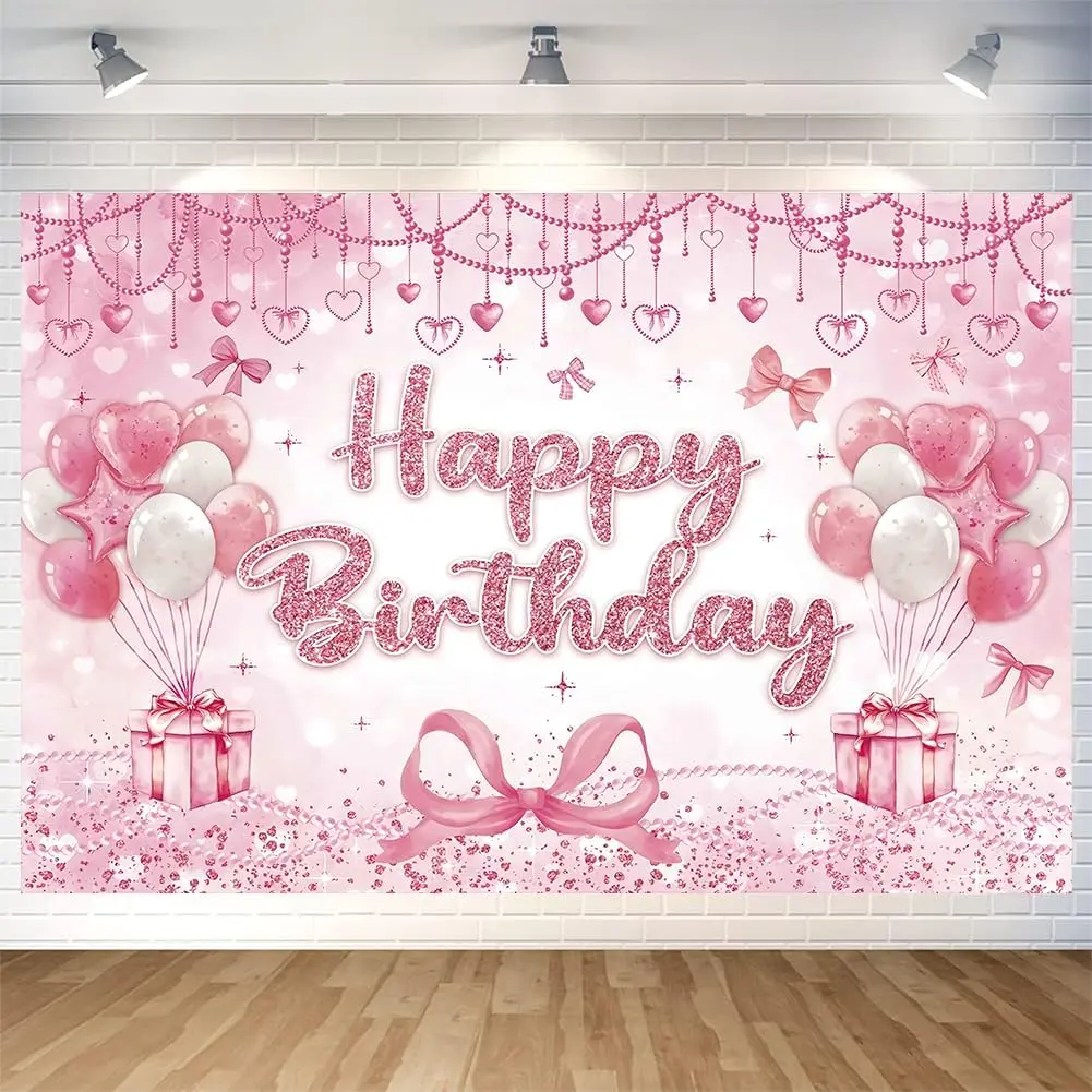 Heart Bow Happy Birthday Backdrop Decorations Bow Banner  Bowknot Photo Background for Girls Birthday Party Decorations Supplies 70.8 x .2 Inch