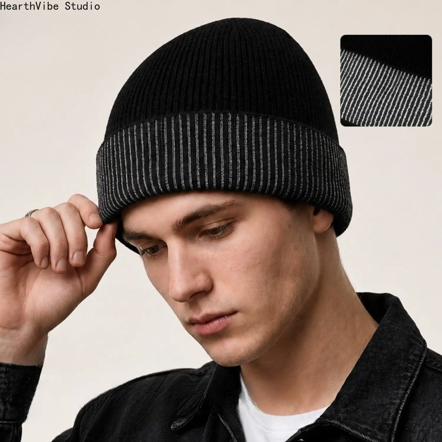 Reflective Winter Beanie Hat for Men Women High Visibility Stripe Ribbed Knit Skull Cap Soft Warm Cuffed Watch Cap Night Running Safety Gear for Cold Weather