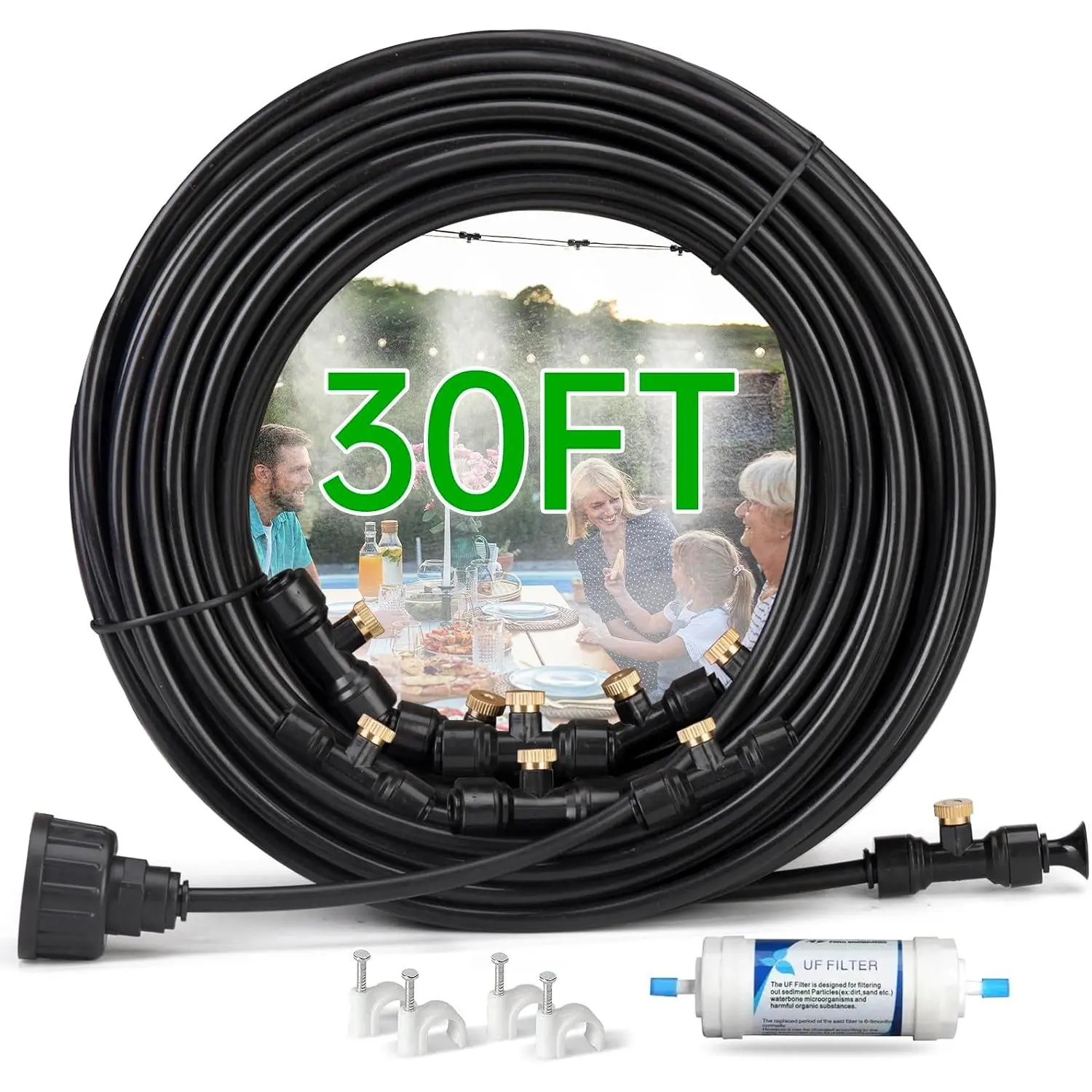 30FT Outdoor Misting Cooling System‌ - Patio Garden Kit with ‌Brass Nozzles & UV Tubing‌, DIY Install for ‌Pool, BBQ, Greenhouse‌, Water-Saving High  Cooler
