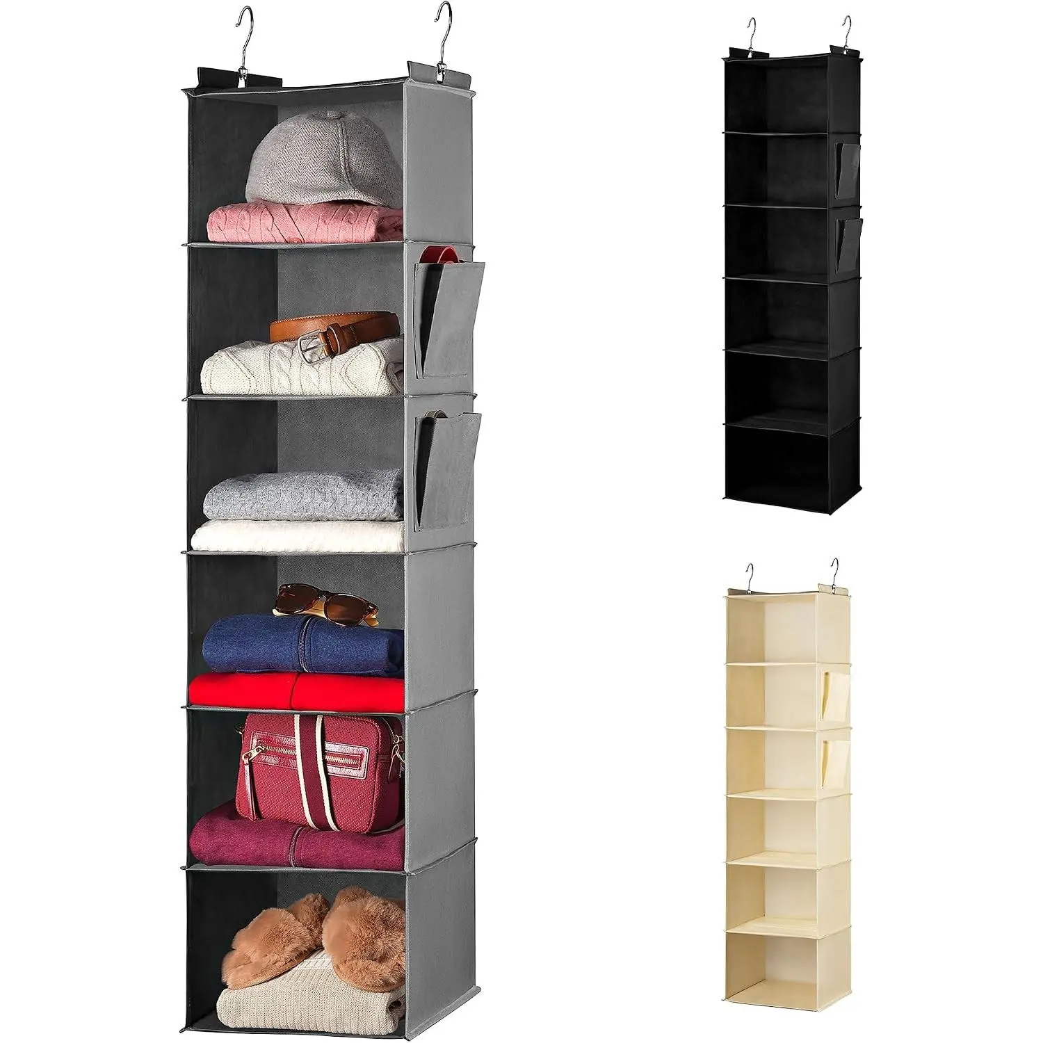 Hanging Closet Organizer - 6 Shelf Storage for Clothes, Sweaters, Shoes & Accessories - Space-Saving Wardrobe Shelves with Hooks for Dorm, RV & Small Closet Organization (Grey)