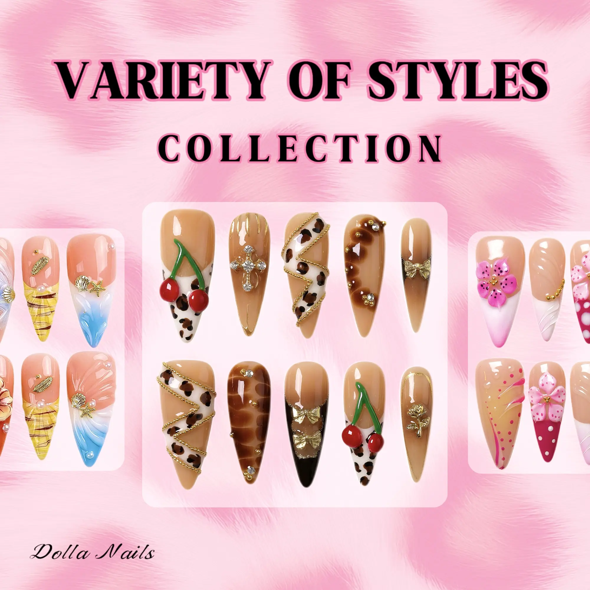 Dolla Nails Reusable Press-On Nails, 100% Handcrafted 3D Gel for Long-Lasting Salon-Quality Manicures at Home, 10 Piece Sets in Almond, Stiletto & Square, Handmade Reusable Nails, Nails At Home