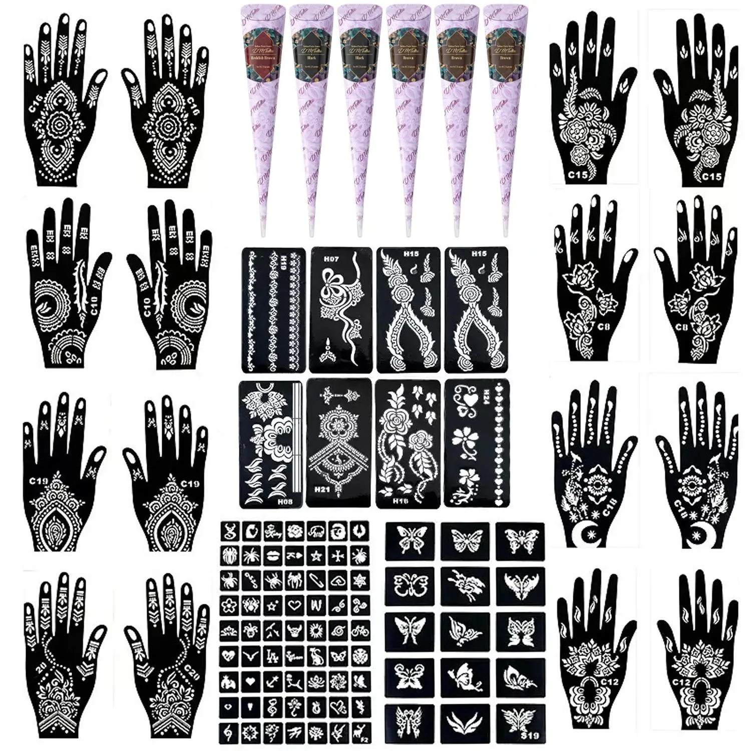 Reusable Henna Tattoo Stencil Set Black Temporary Tattoo Paste Cones DIY Hand Body Art Mehndi Tattoo Supplies