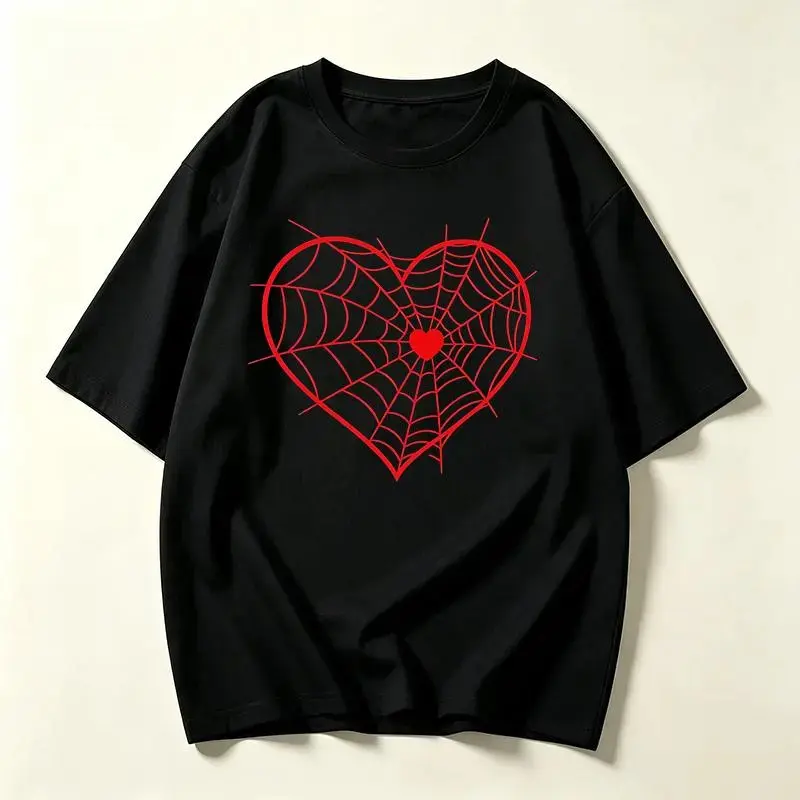 100% Cotton Red Heart Spider Web Graphic T-Shirt Y2K Goth Aesthetic Love Cobweb Print Dark Romantic Short Sleeve Crewneck Viral TikTok Unisex Street Tee For Women Teen Girls campingessentials