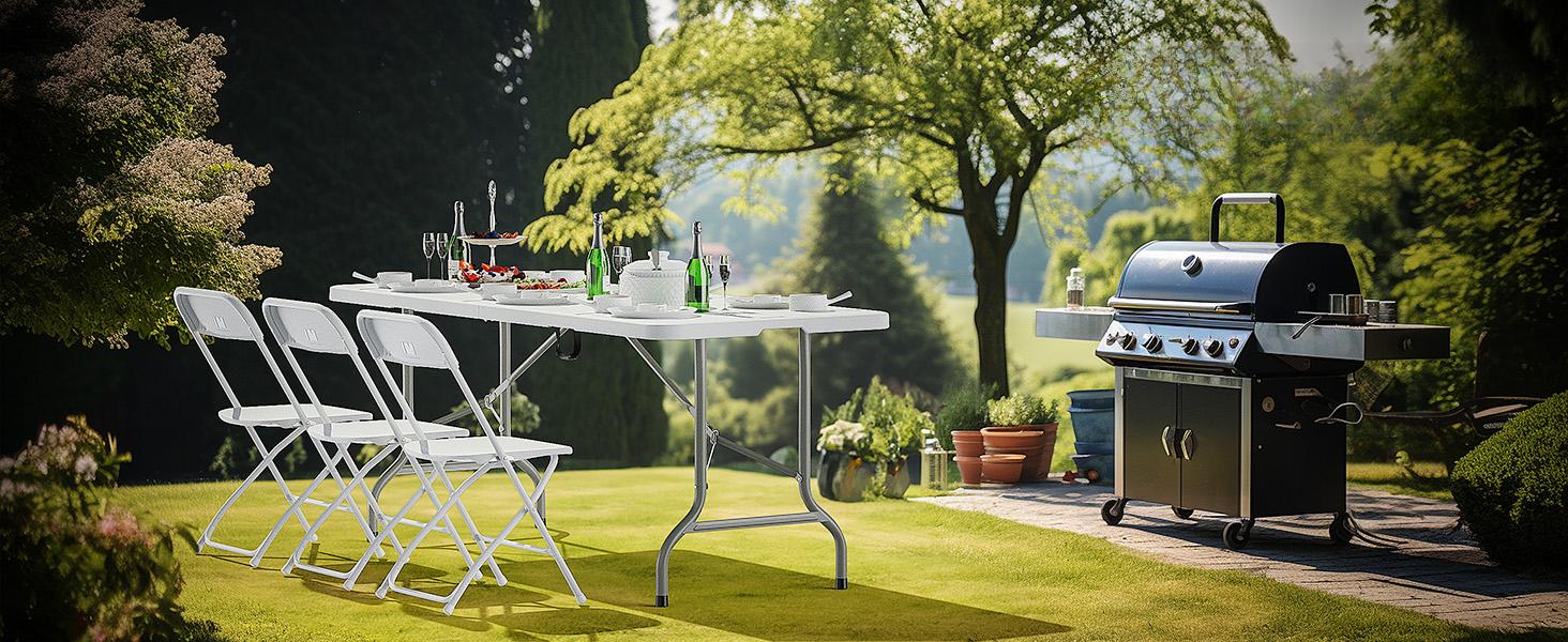 6 Foot Plastic Folding Table Portable Long Table for Indoor Outdoor Use Rectangular with Carrying Handle, Smooth HDPE Tabletop, White
