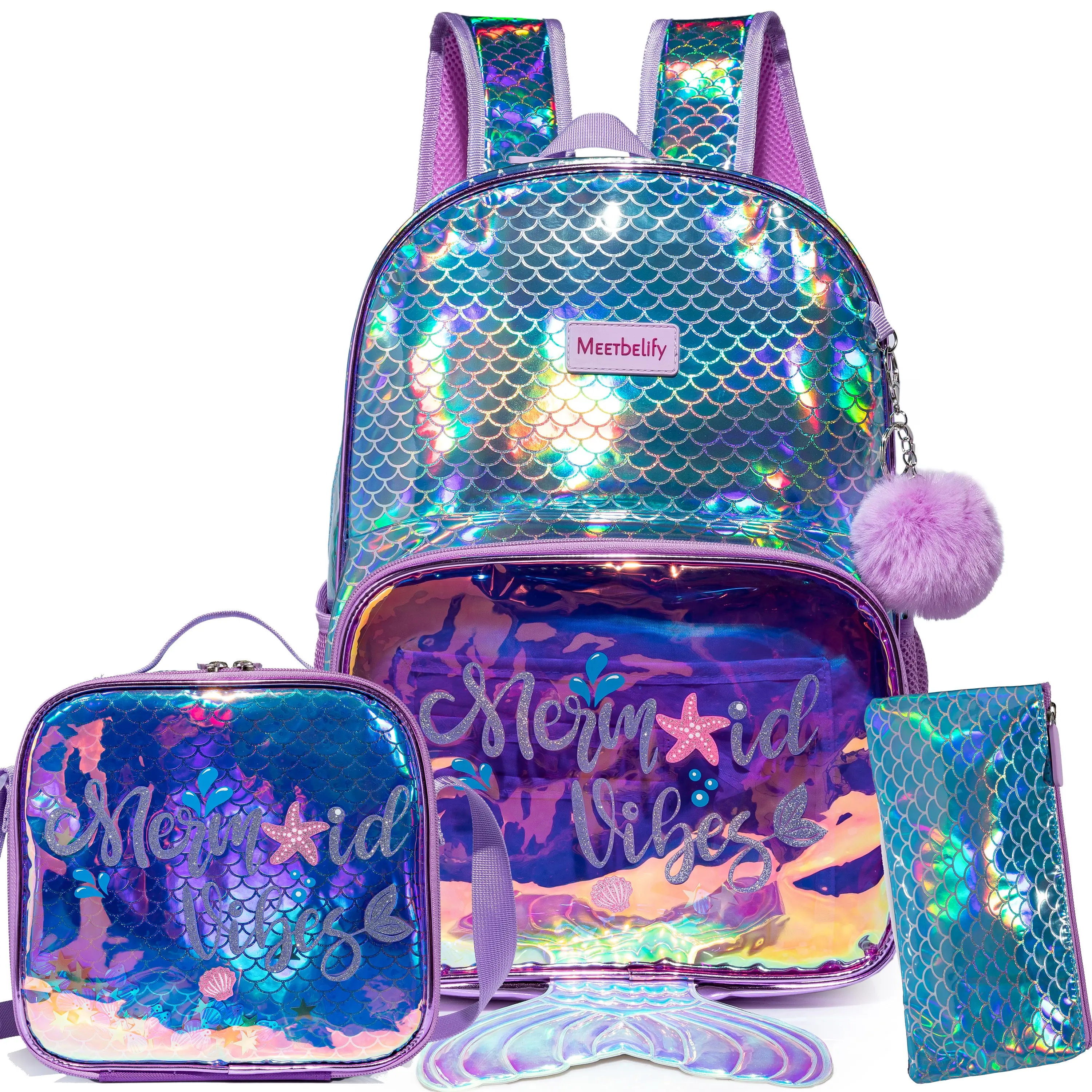 Girls' 3-Piece Polyester Multi-Function Backpack Set - Holographic Mermaid Bookbag with 3D Tail, Shimmering Iridescent Fish Scale Design, Lunch Box, Pencil Case, Purple Kawaii Kids' Bag, Cute Stylish Daypacks, Backpacks for Girls