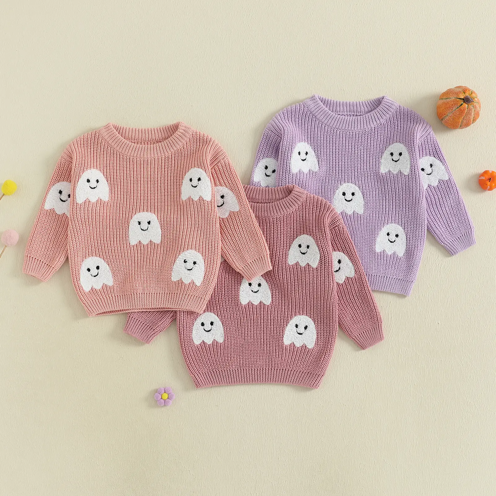 Girls Halloween Knit Sweater Long Sleeve O Neck Ghost Embroidery Pullover Knitwear Embroidered Sweater