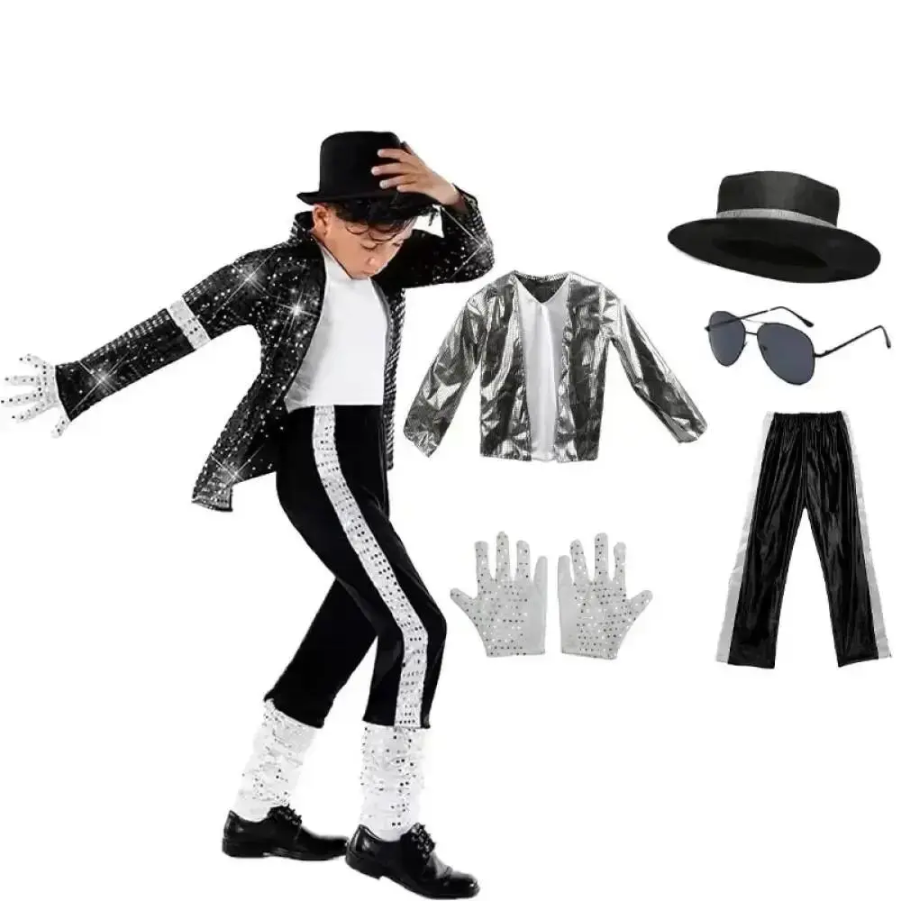 children Michael Jackson Billie Jean Cosplay Black Suit Dance Disco Halloween Fancy Dress Up 80s Pop King Costume for Top Pants