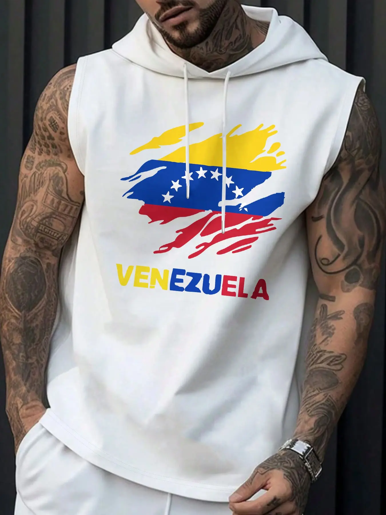 Men Venezuela Flag Print Sleeveless Hoodie Tank Top Patriotic Casual Urban Fashion Streetwear Vest