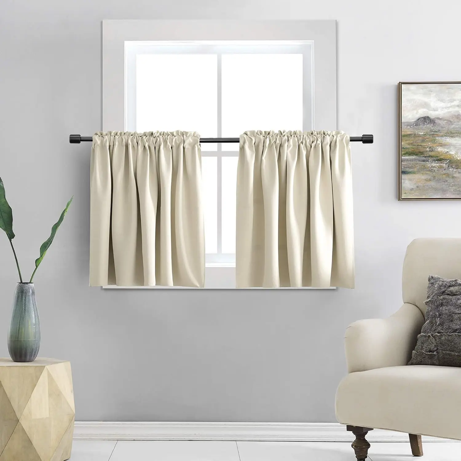 Beige Short Half Window Privacy Curtain Tiers, Energy Saving Drapes for Bathroom Shades, 34"W x 38"L per Panel, Set of 2